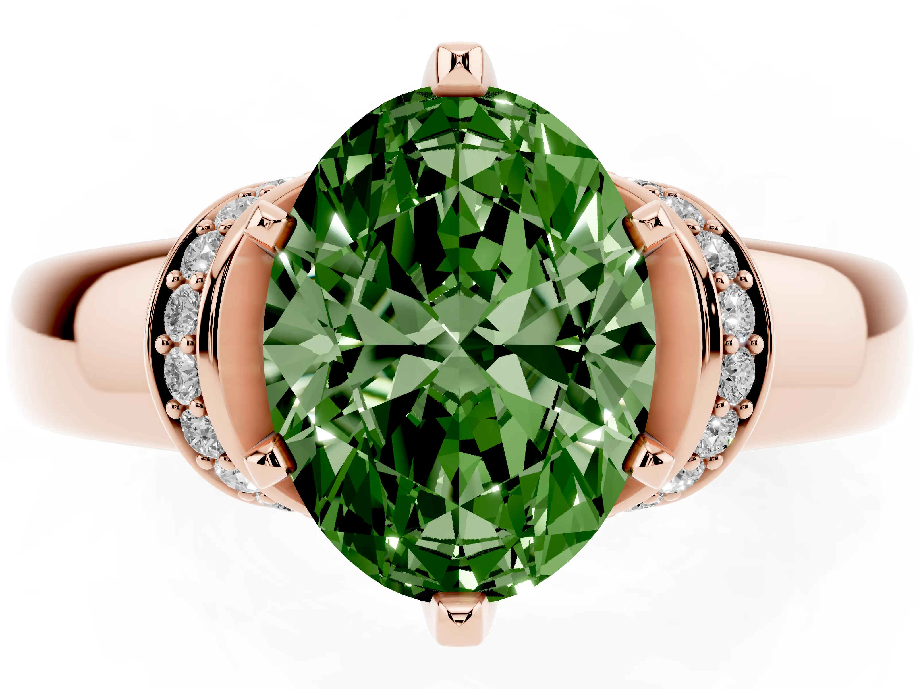Fancy Green Oval Cut Diamond Pavé Band Solitaire Ring Set in Rose gold with Prong Setting