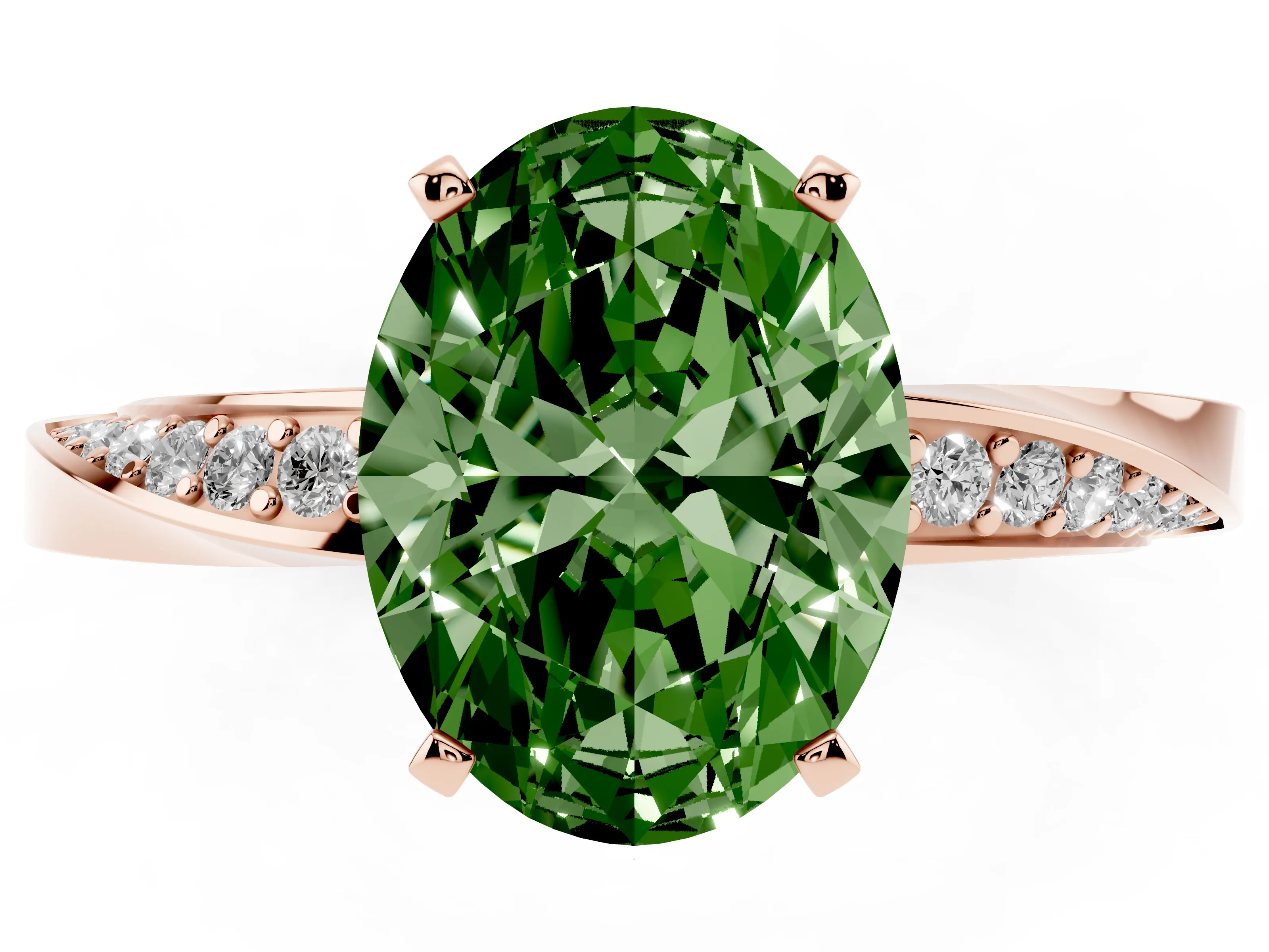 Fancy Green Oval Cut Diamond Engagement Ring Set in Rose gold with Side Stone Accents and Prong Setting