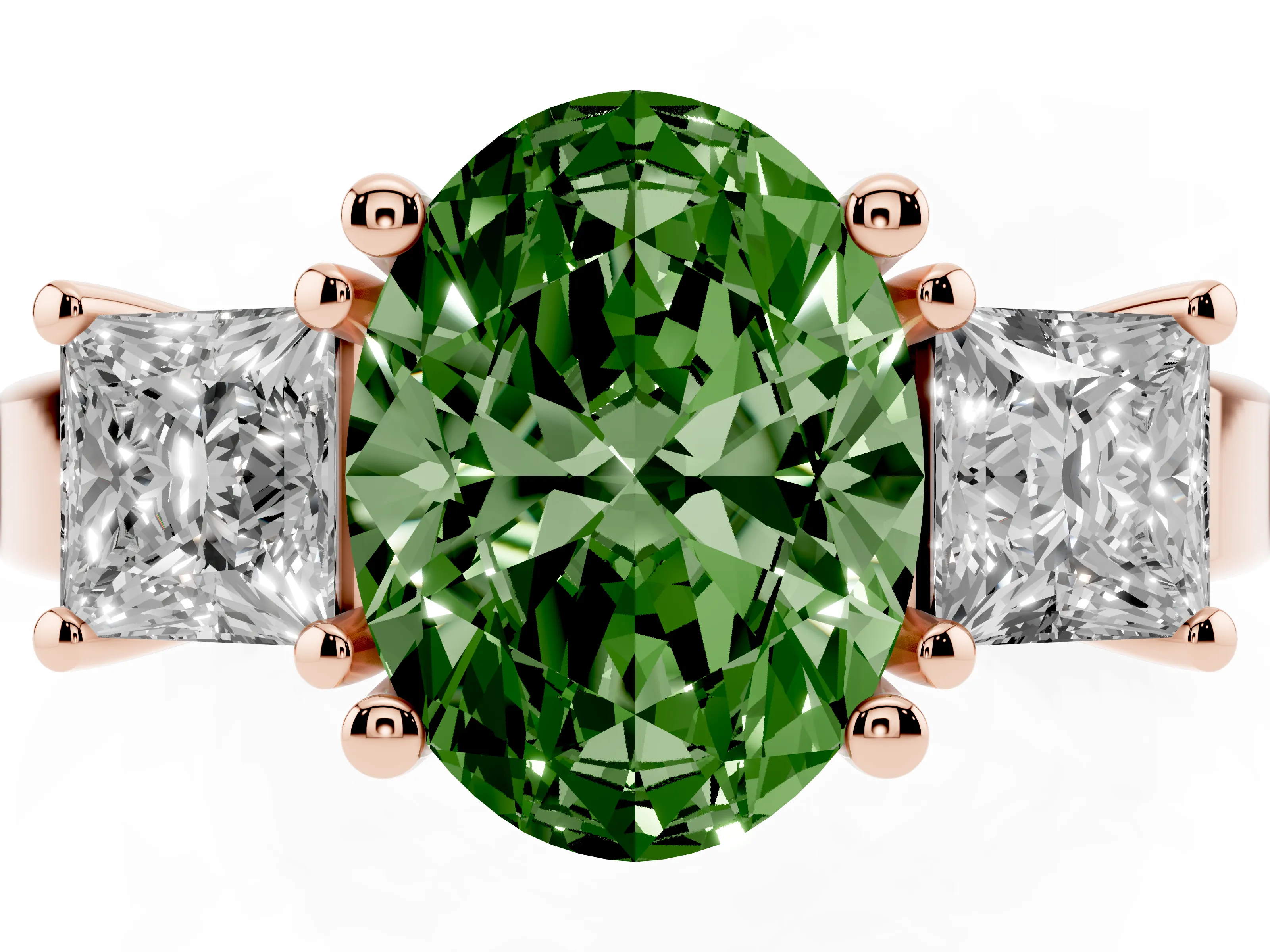 Fancy Green Three-Stone Oval Cut Diamond Solitaire Ring Set in Rose gold with Prong Setting