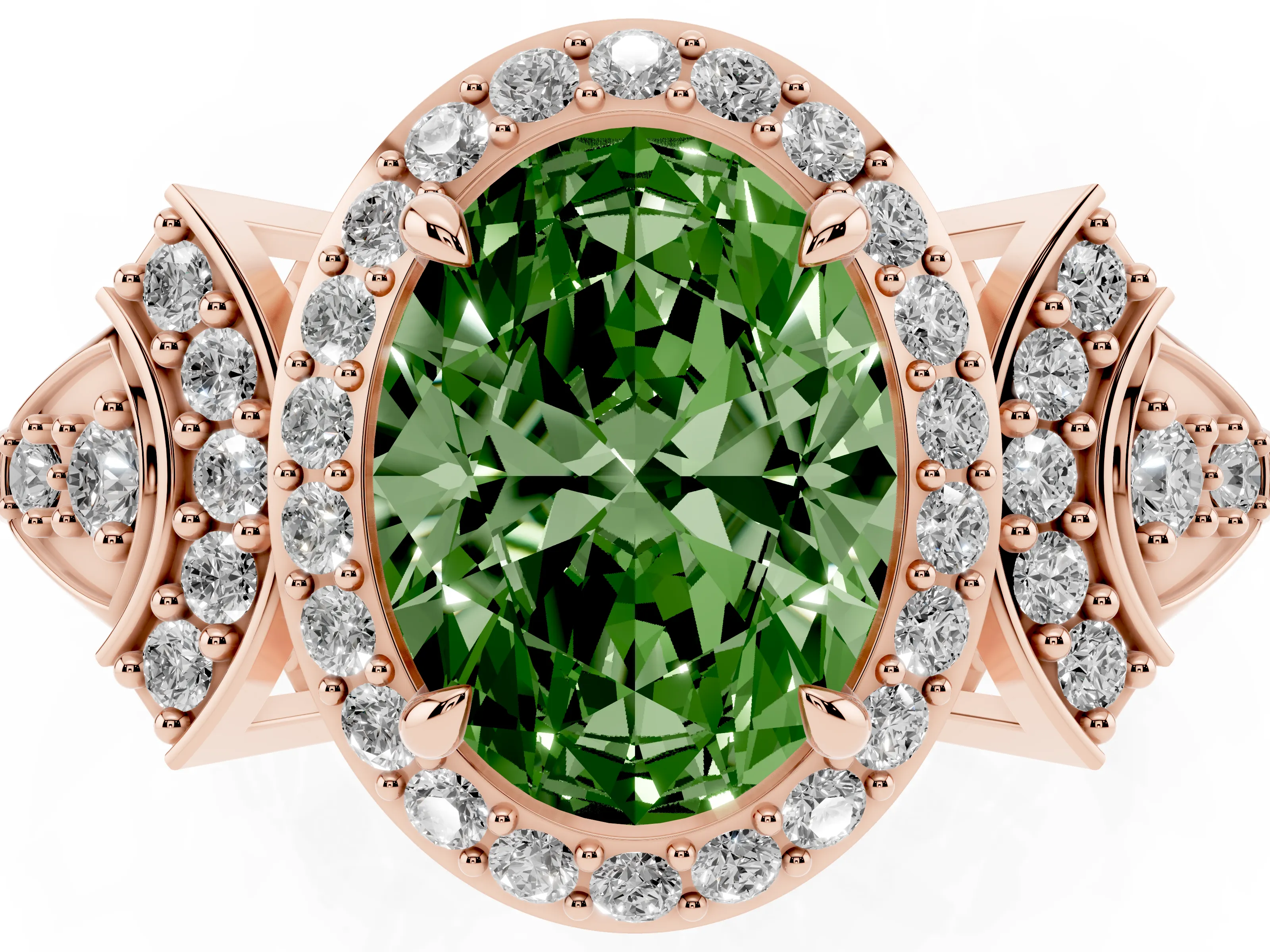 Fancy Green Oval Cut Diamond Halo Engagement Ring Set in Rose gold with Accent Stone Split Shank
