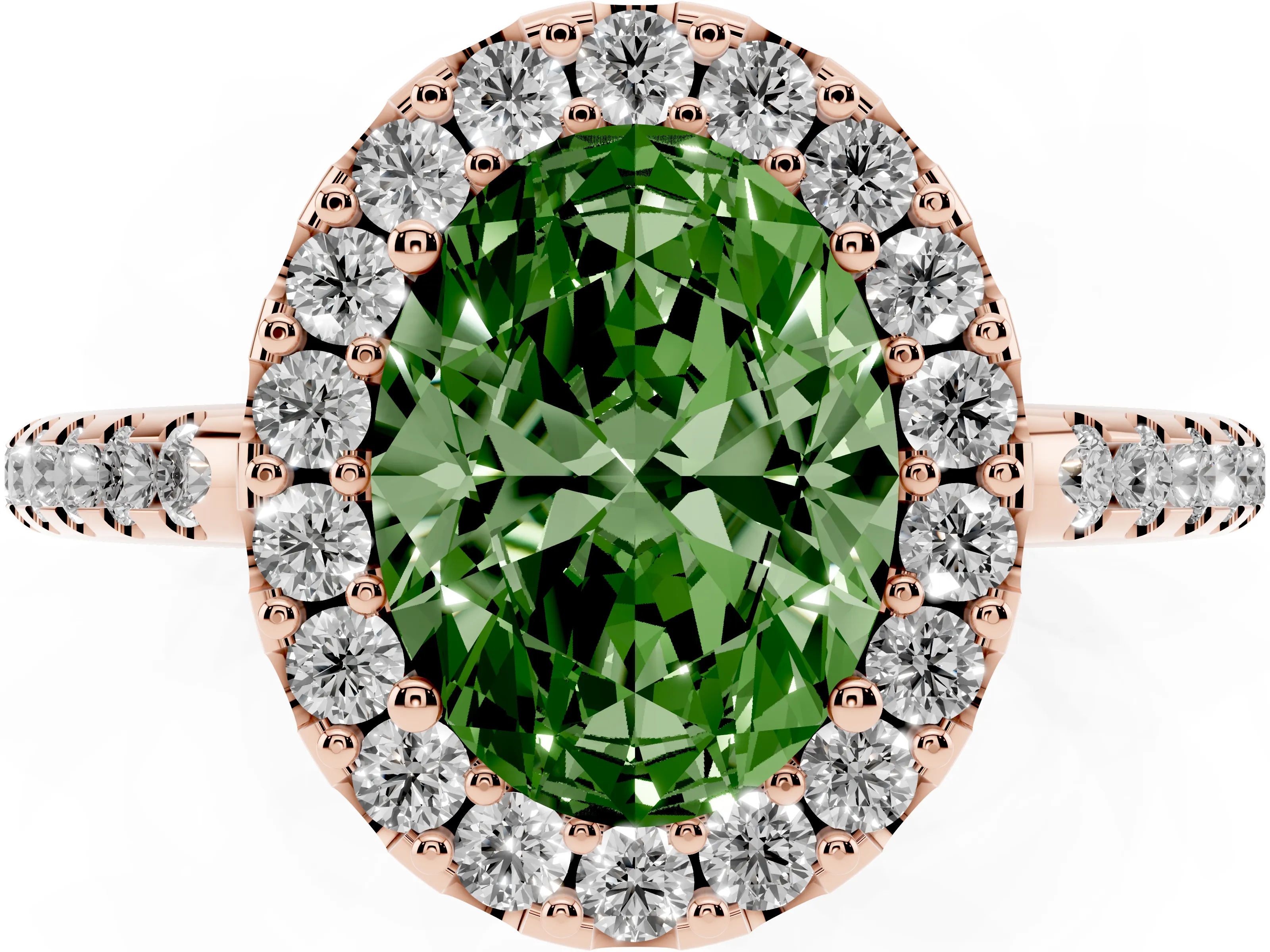 Fancy Green Oval Cut Diamond Pavé Halo Ring Set in Rose gold with Prong Setting
