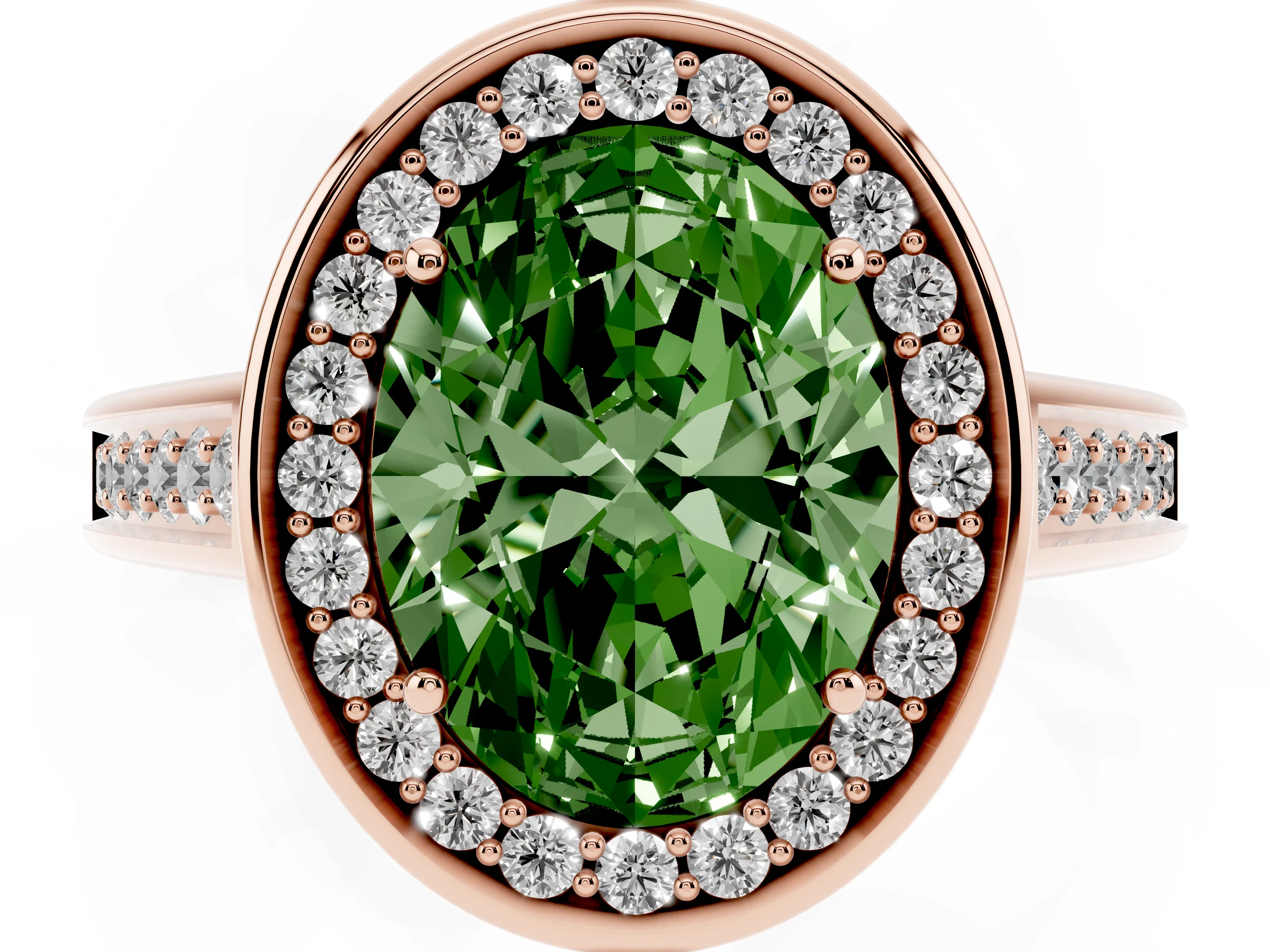 Fancy Green Oval Cut Diamond Halo Solitaire Ring Set in Rose gold with Pavé Band and Bezel Setting