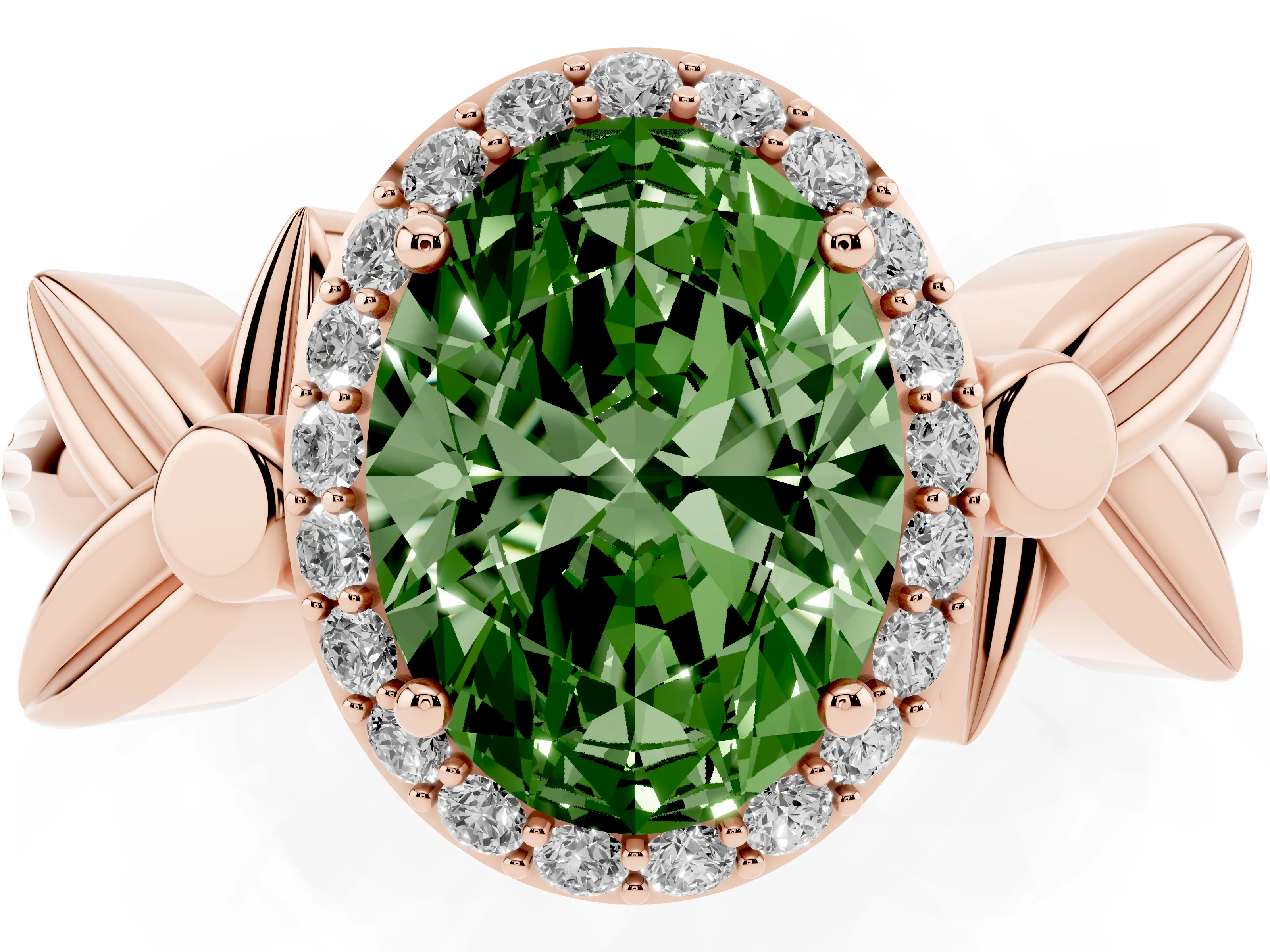 Fancy Green Oval Cut Diamond Halo Floral Band Ring Set in Rose gold with Prong Setting