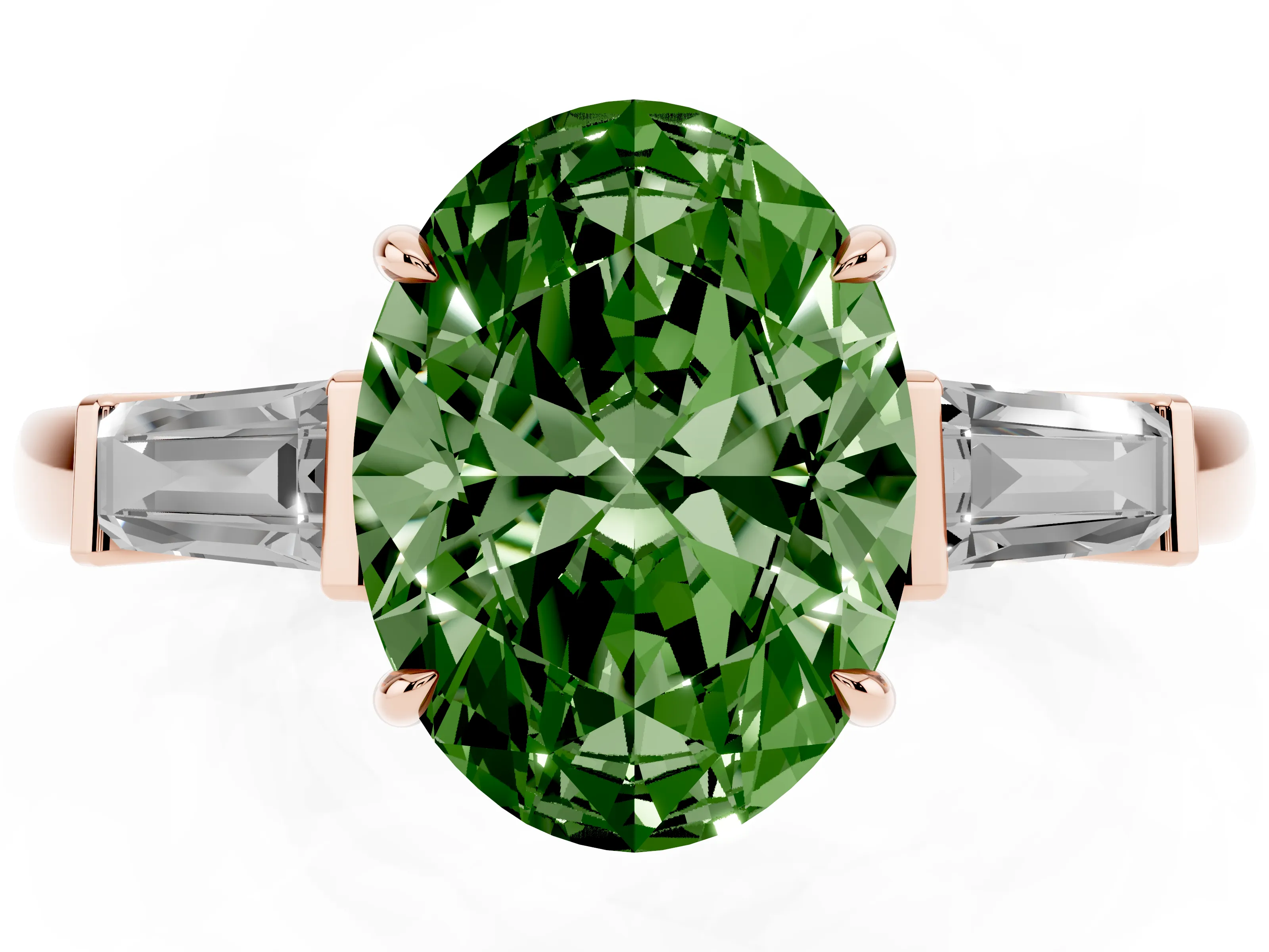 Fancy Green Oval Cut Diamond Three-Stone Ring Set in Rose gold with Tapered Baguette Side Stones and Prong Setting