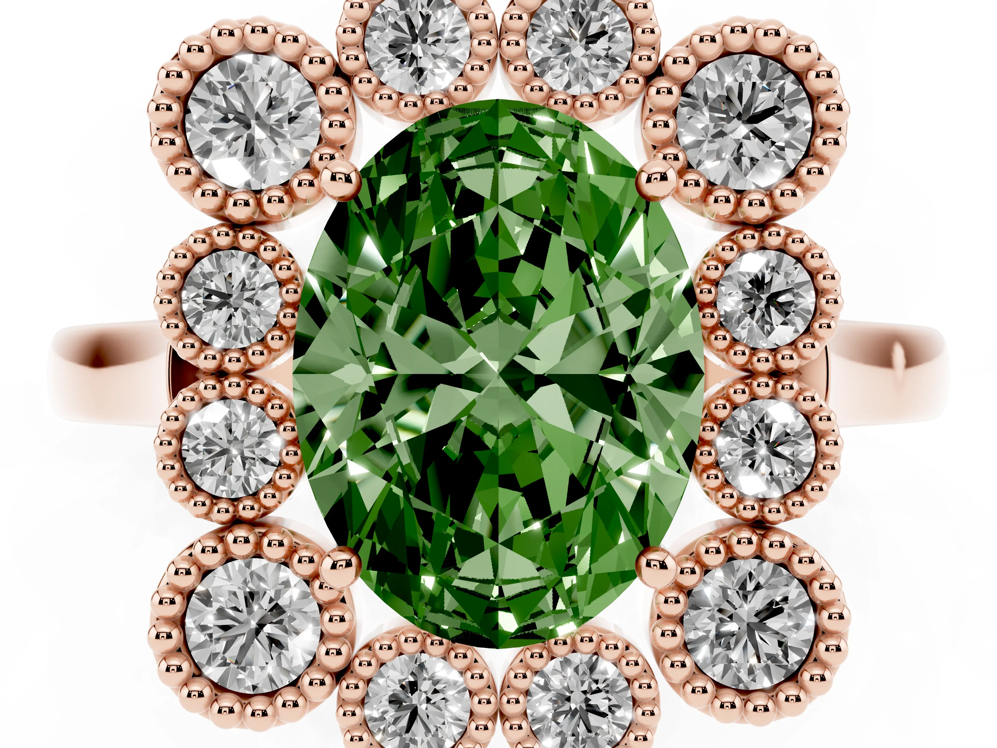 Fancy Green Oval Cut Diamond Cluster Halo Ring Set in Rose gold with Milgrain Bezel Accents and Plain Band