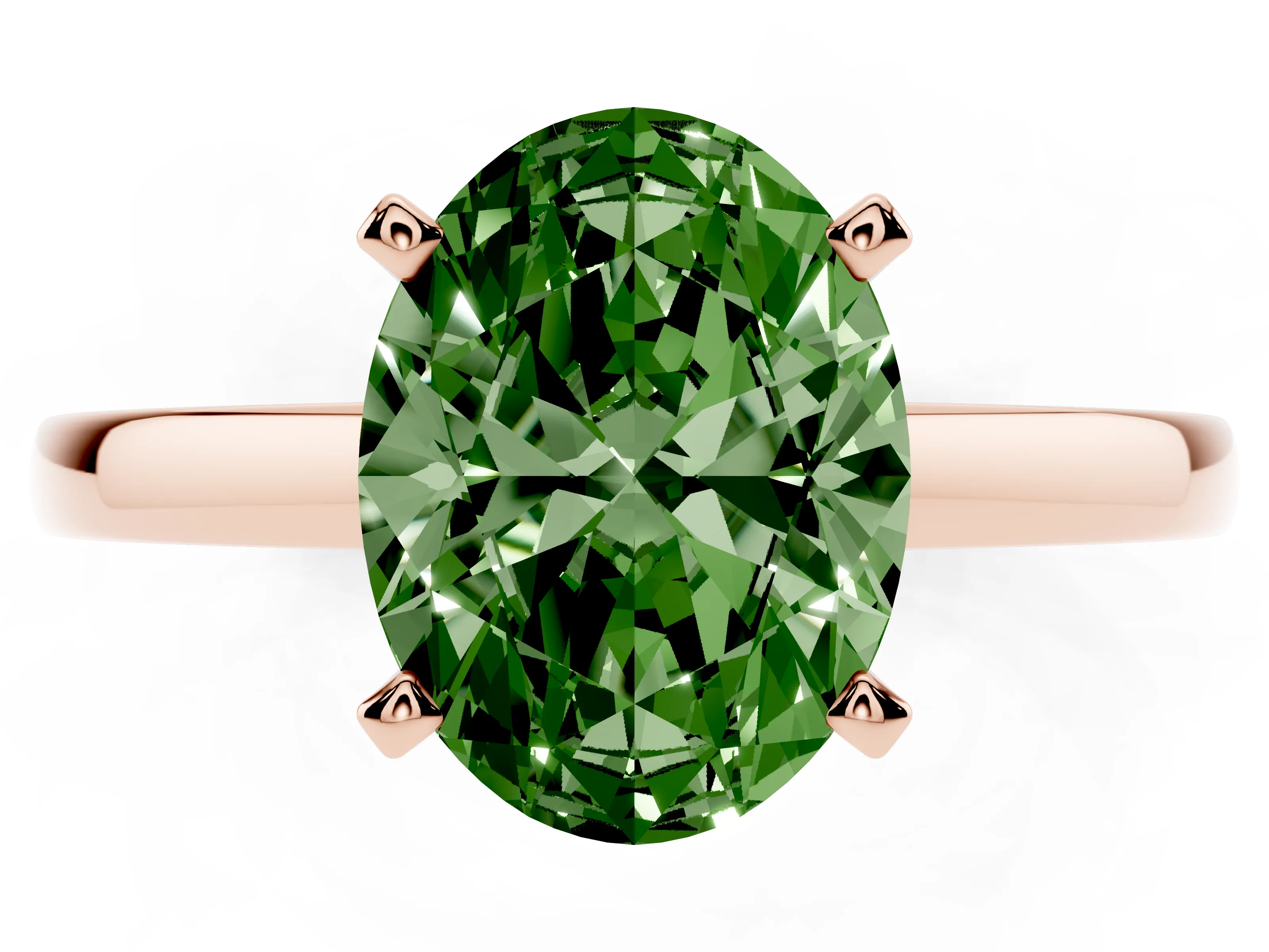 Fancy Green Oval Cut Diamond Solitaire Engagement Ring Set in Rose gold with Prong Setting on a Classic Band