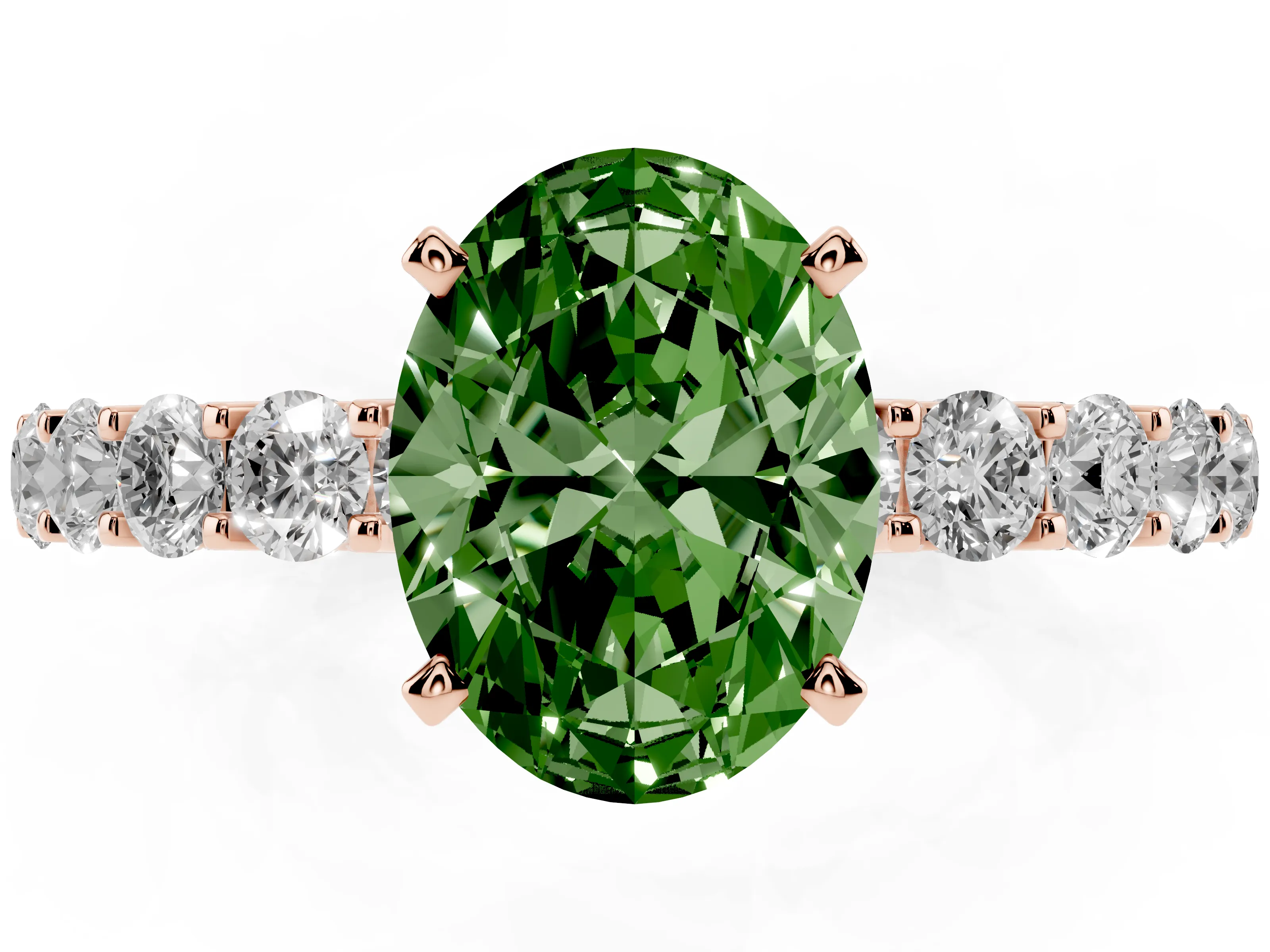 Fancy Green Oval Cut Diamond Solitaire Ring Set in Rose gold with Shared Prong Pavé Band