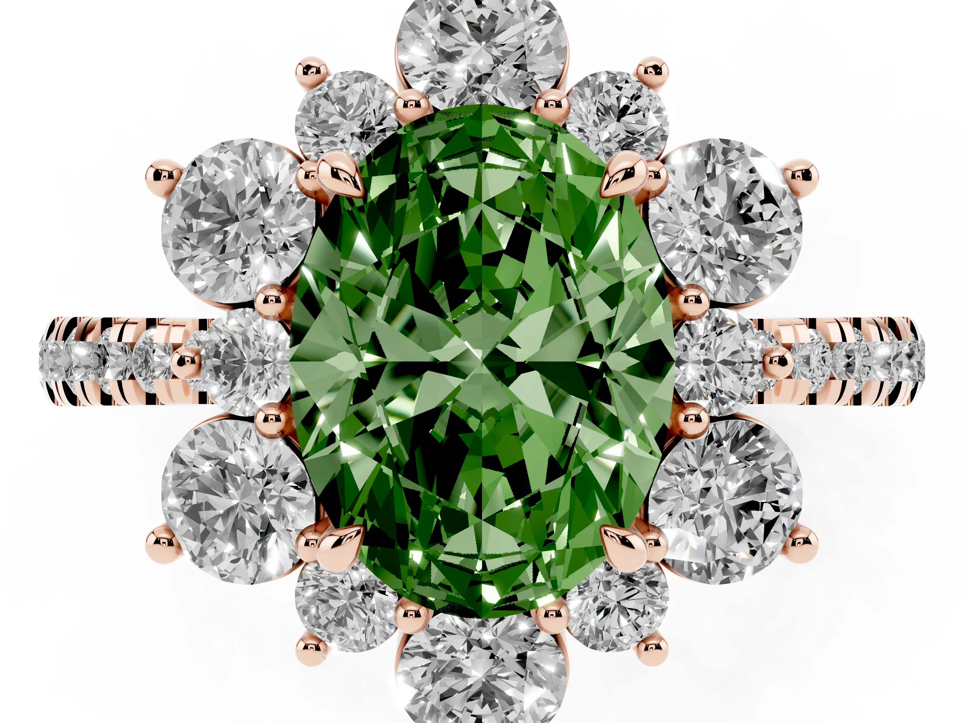 Fancy Green Oval Cut Diamond Floral Halo Ring Set in Rose gold with Round Pavé Band and Prong Setting