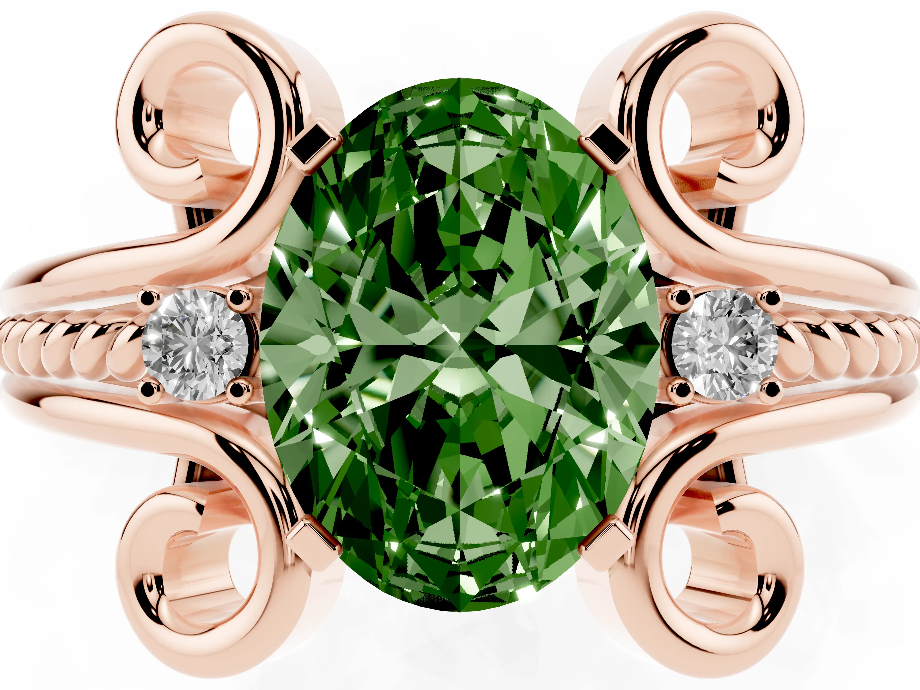 Fancy Green Oval Cut Diamond Twisted Band Solitaire Ring Set in Rose gold with Scroll Prongs