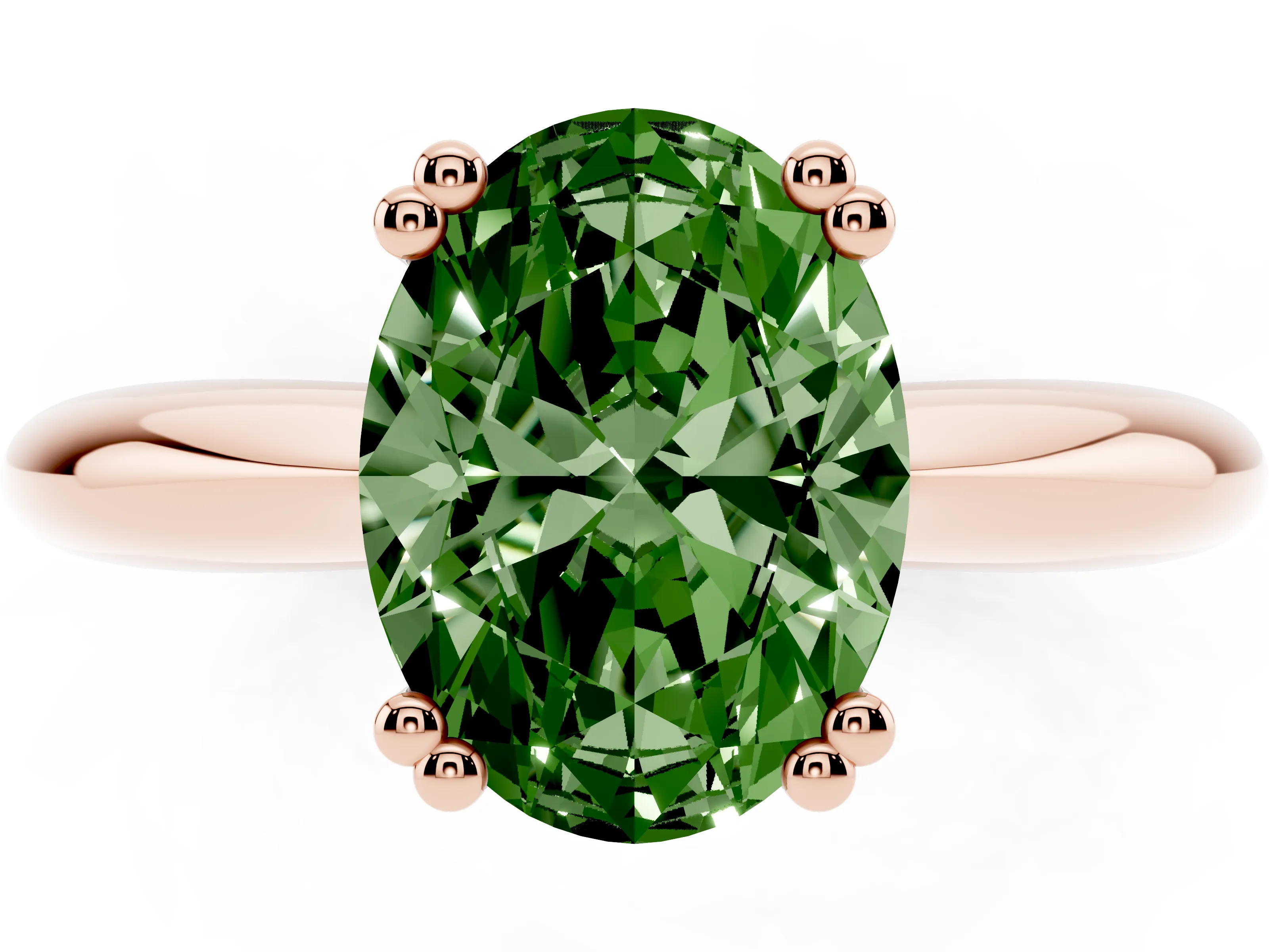 Fancy Green Oval Cut Diamond Solitaire Engagement Ring Set in Rose gold with Tapered Band and Prong Setting