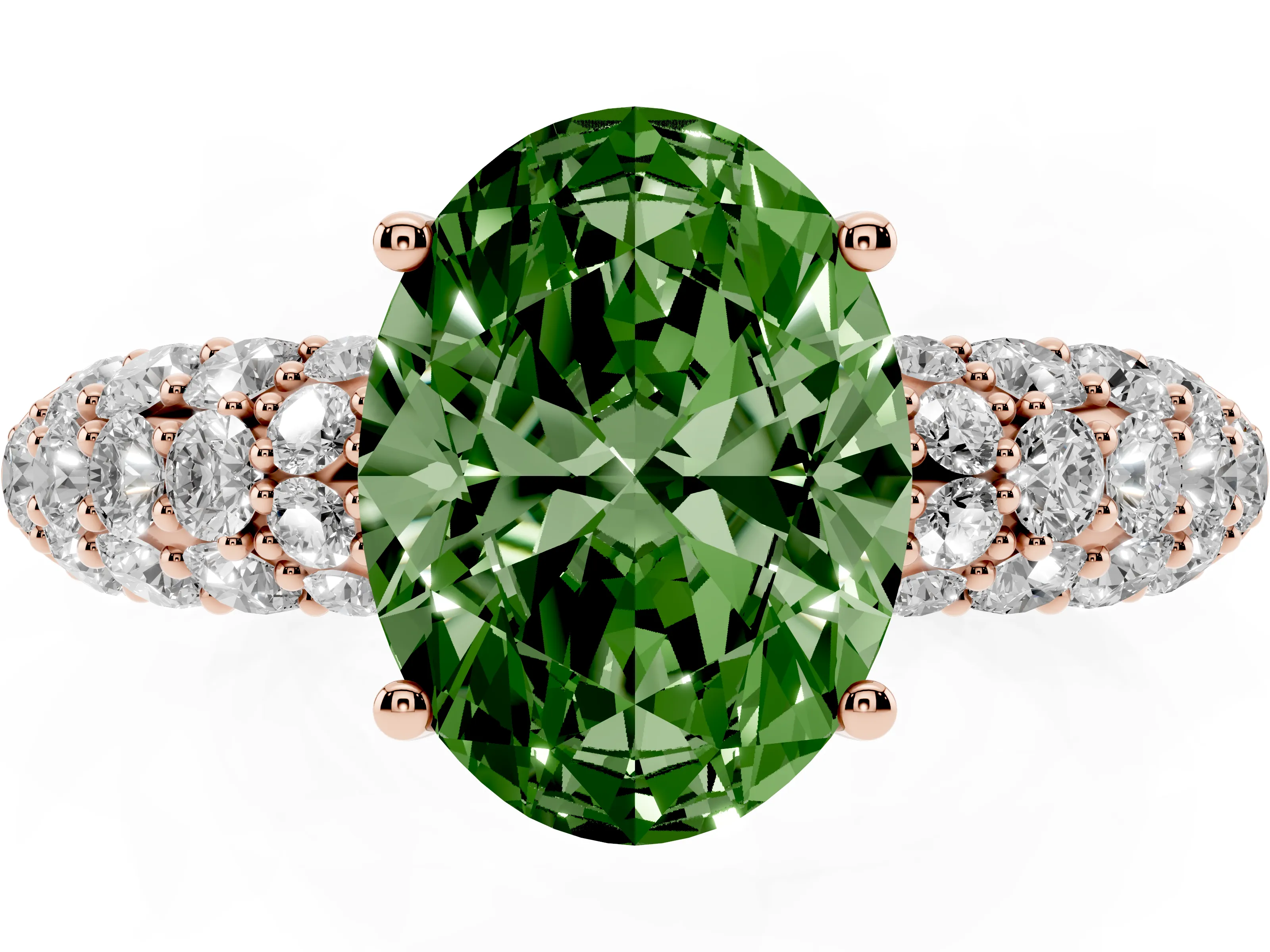 Fancy Green Oval Cut Diamond Pavé Band Solitaire Ring Set in Rose gold with Close-Set Accent Stones and Prong Setting
