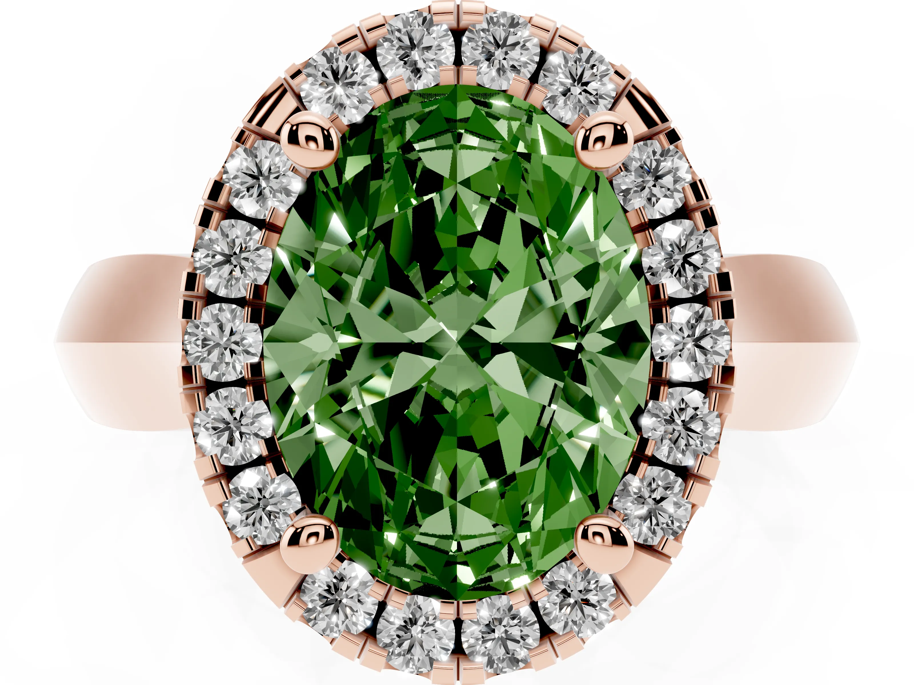 Fancy Green Oval Cut Diamond Halo Solitaire Engagement Ring Set in Rose gold with Square Band and Prong Setting