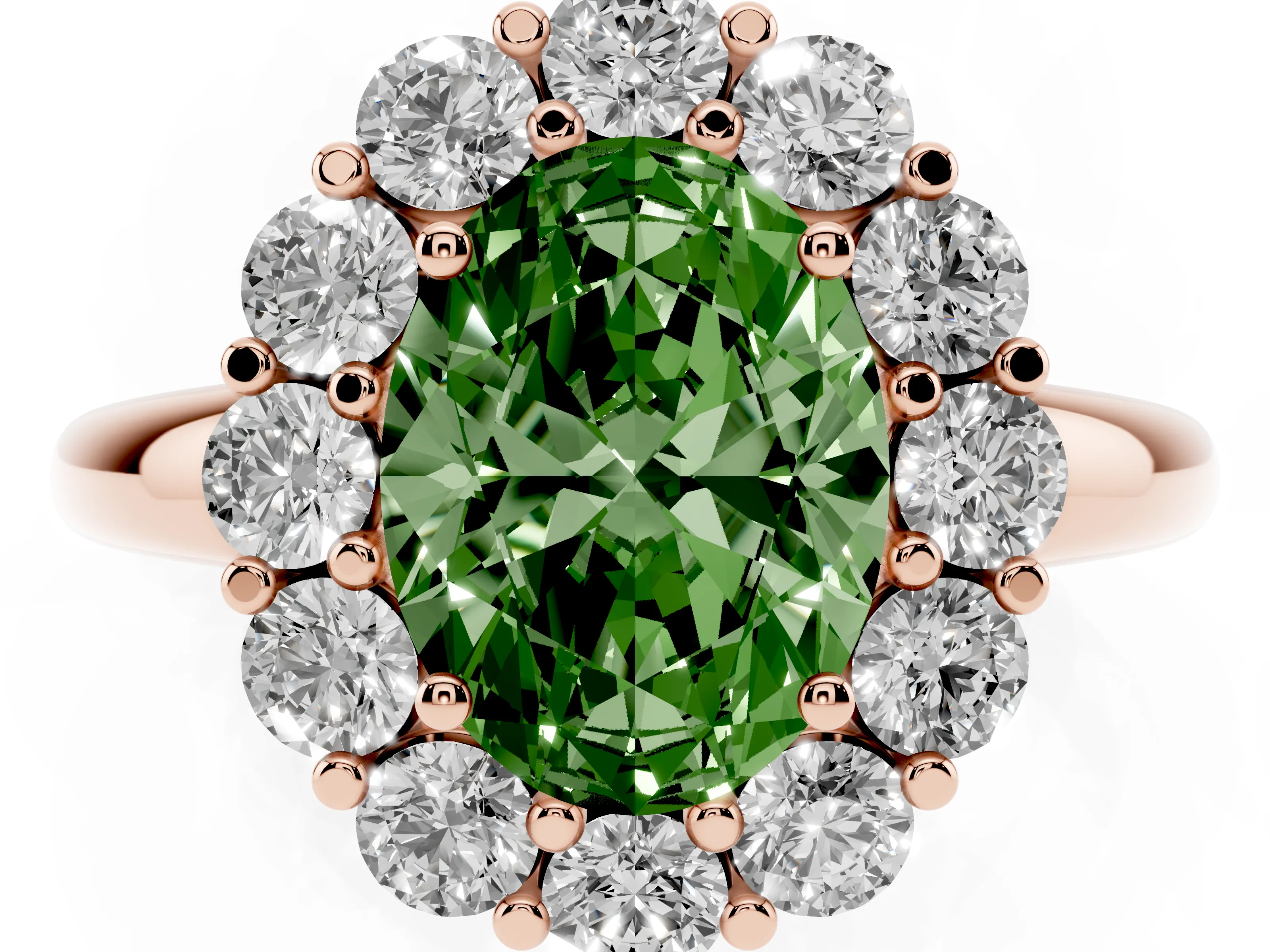 Fancy Green Oval Cut Diamond Halo Cluster Engagement Ring Set in Rose gold with Polished Band and Prong Setting
