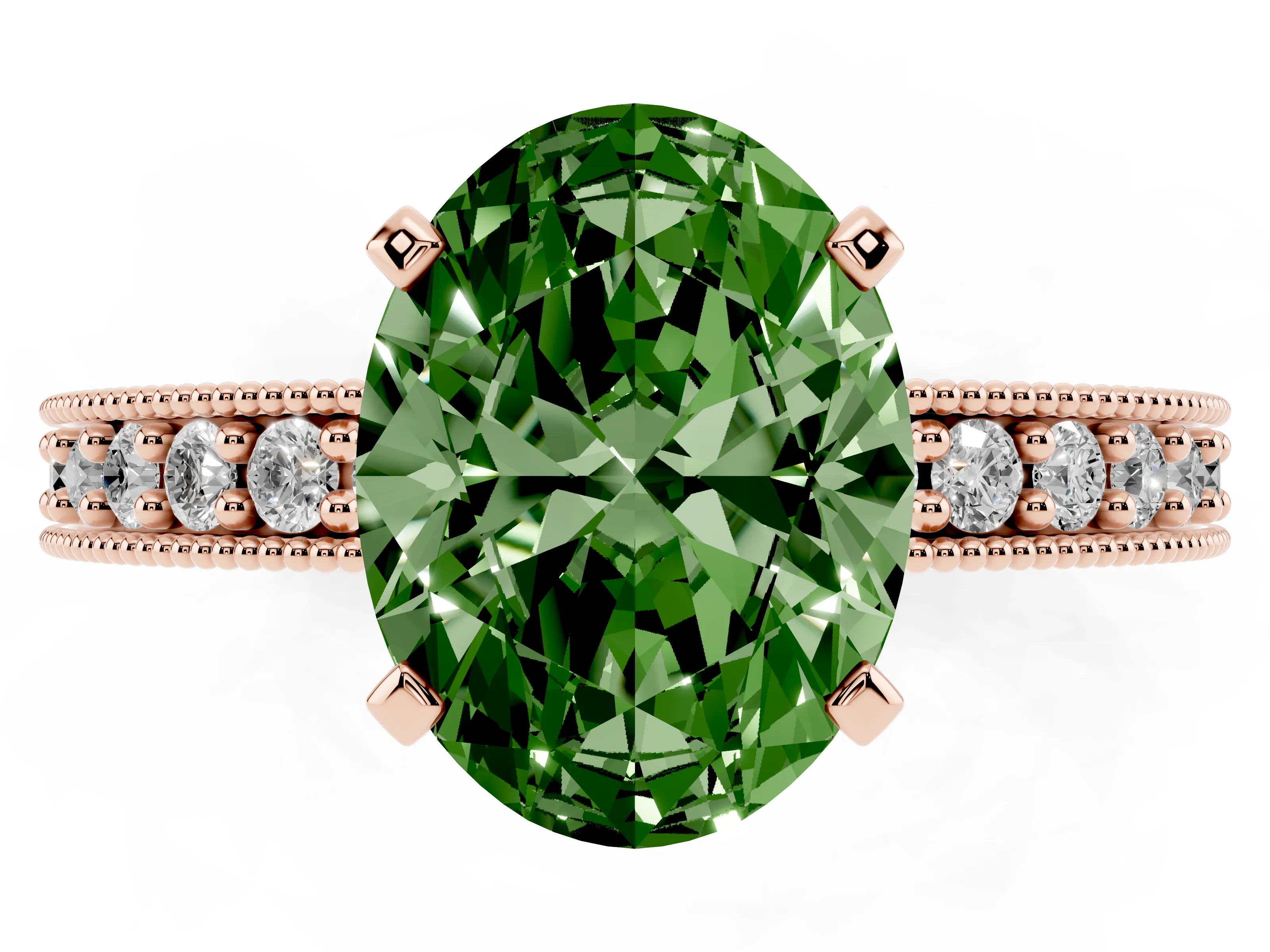 Fancy Green Oval Cut Diamond Milgrain Pavé Engagement Ring Set in Rose gold with Prong Setting