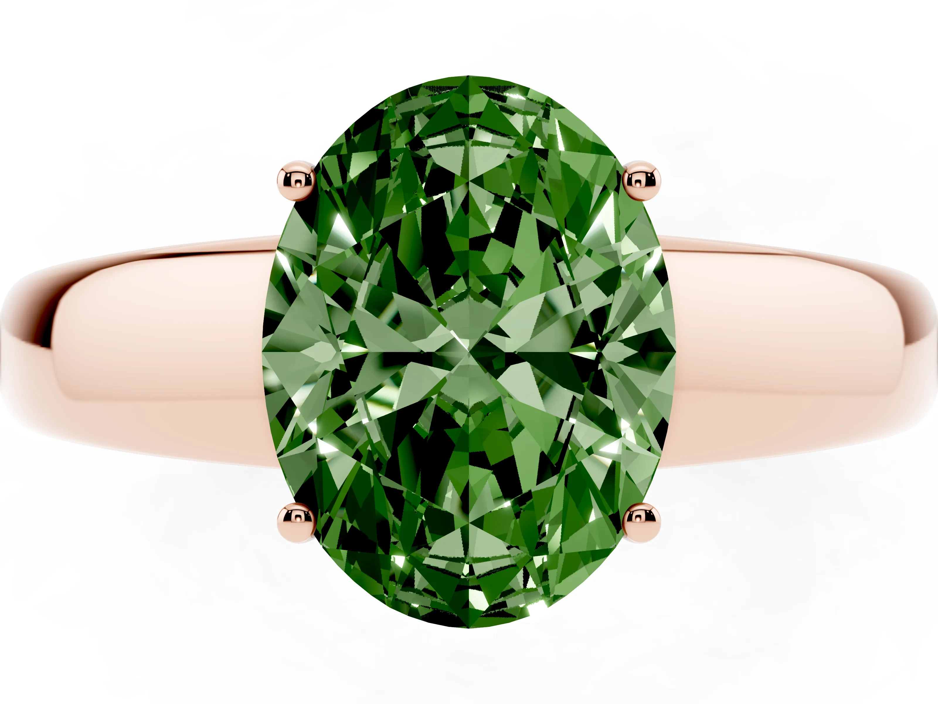 Fancy Green Oval Cut Diamond Solitaire Ring Set in Rose gold with Tapered Band and Prong Setting