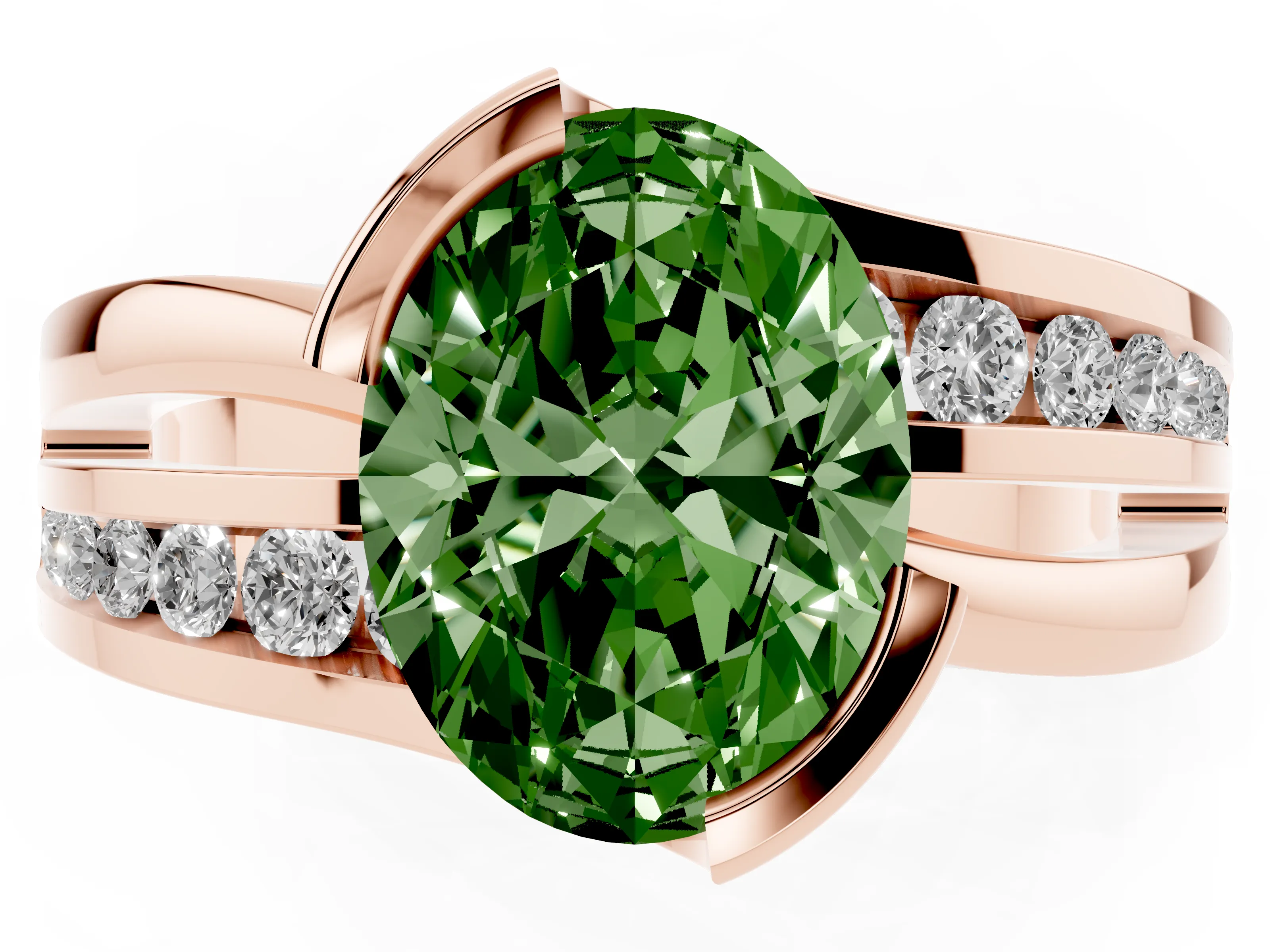 Fancy Green Oval Cut Diamond Solitaire Ring Set in Rose gold with Channel Set Split Shank and Tension Prongs