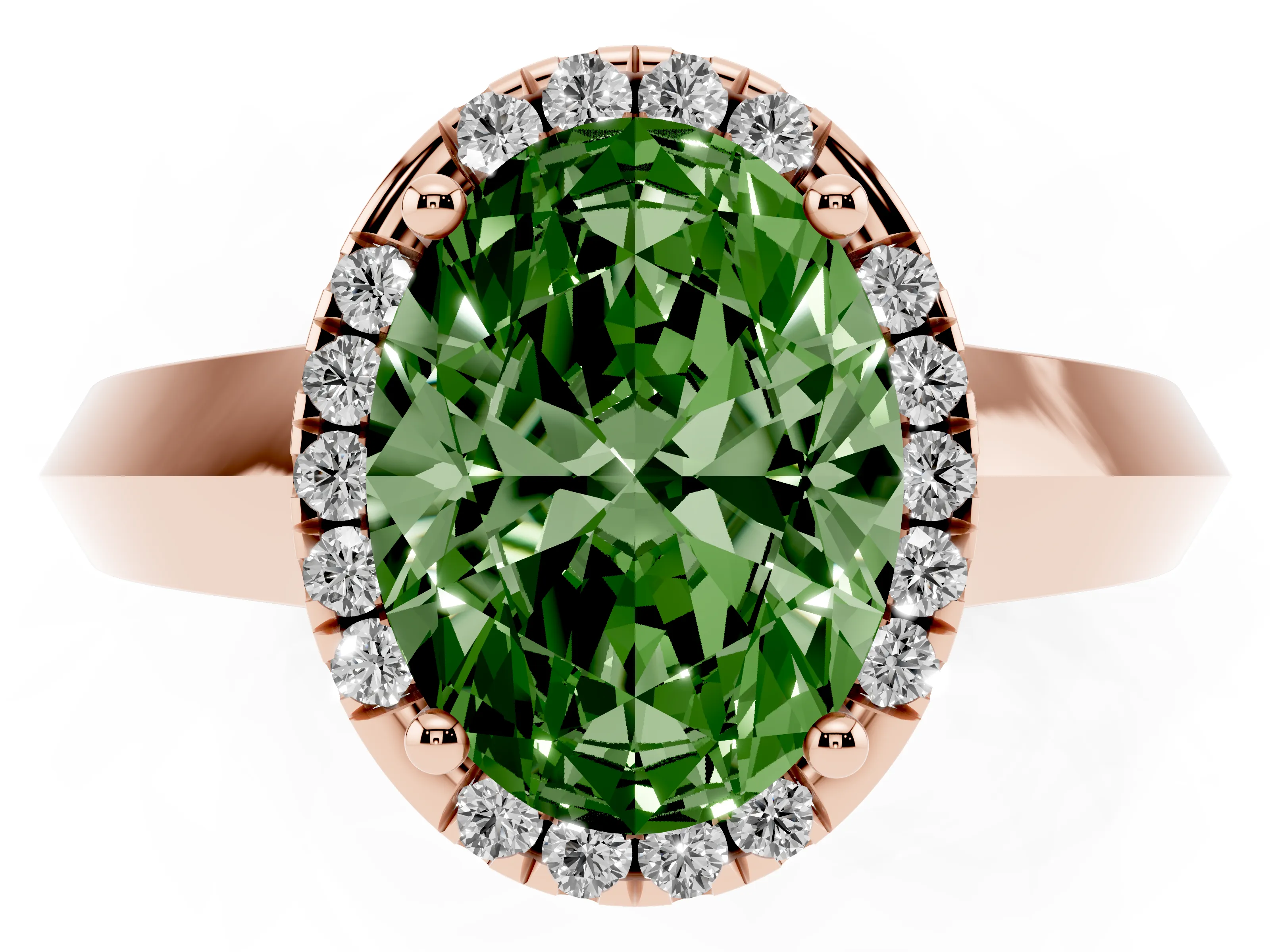 Fancy Green Oval Cut Diamond Halo Ring Set in Rose gold with Cathedral Band and Prong Setting