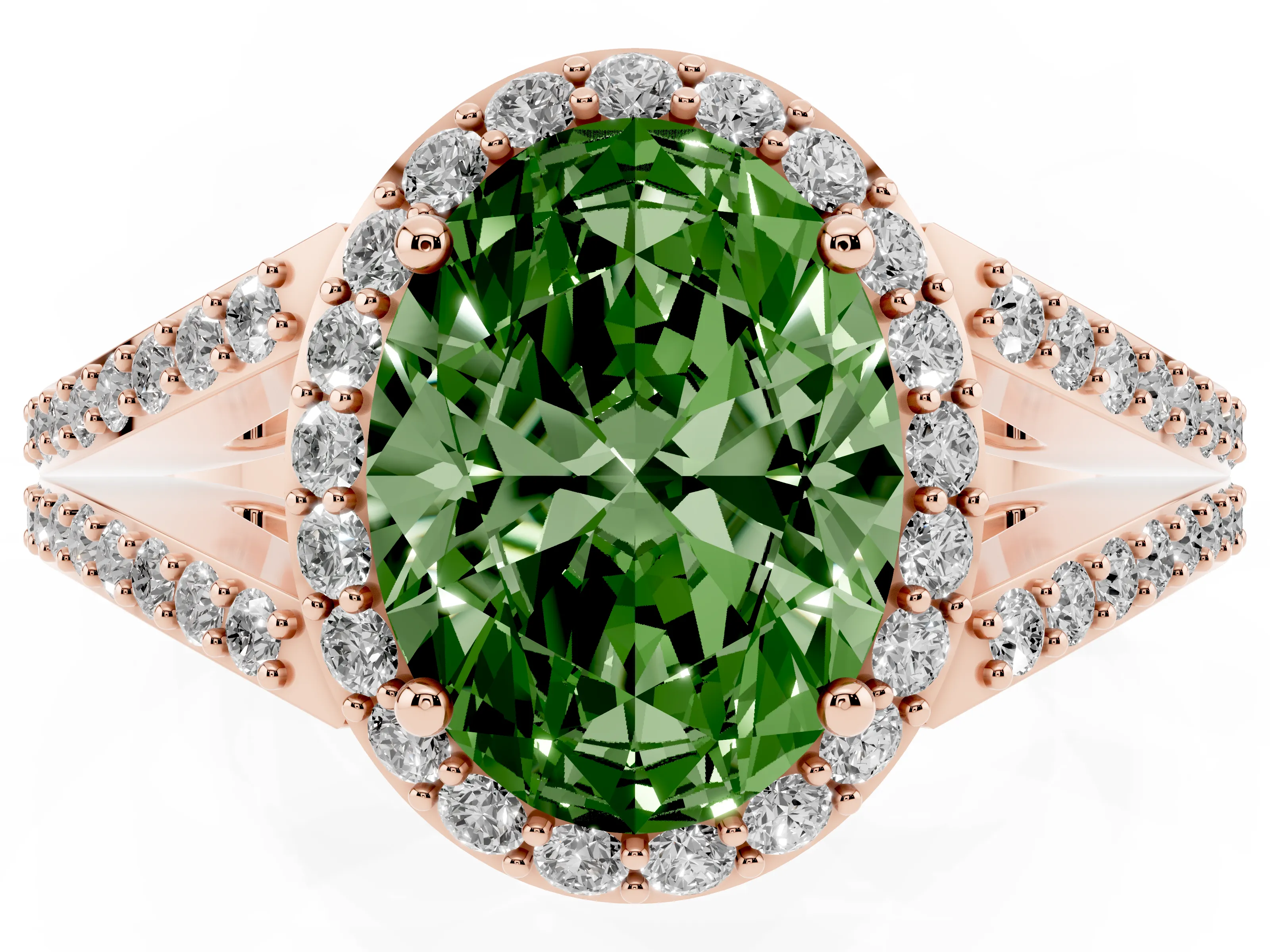 Fancy Green Oval Cut Diamond Halo Split Shank Ring Set in Rose gold with Accent Stones and Prong Setting