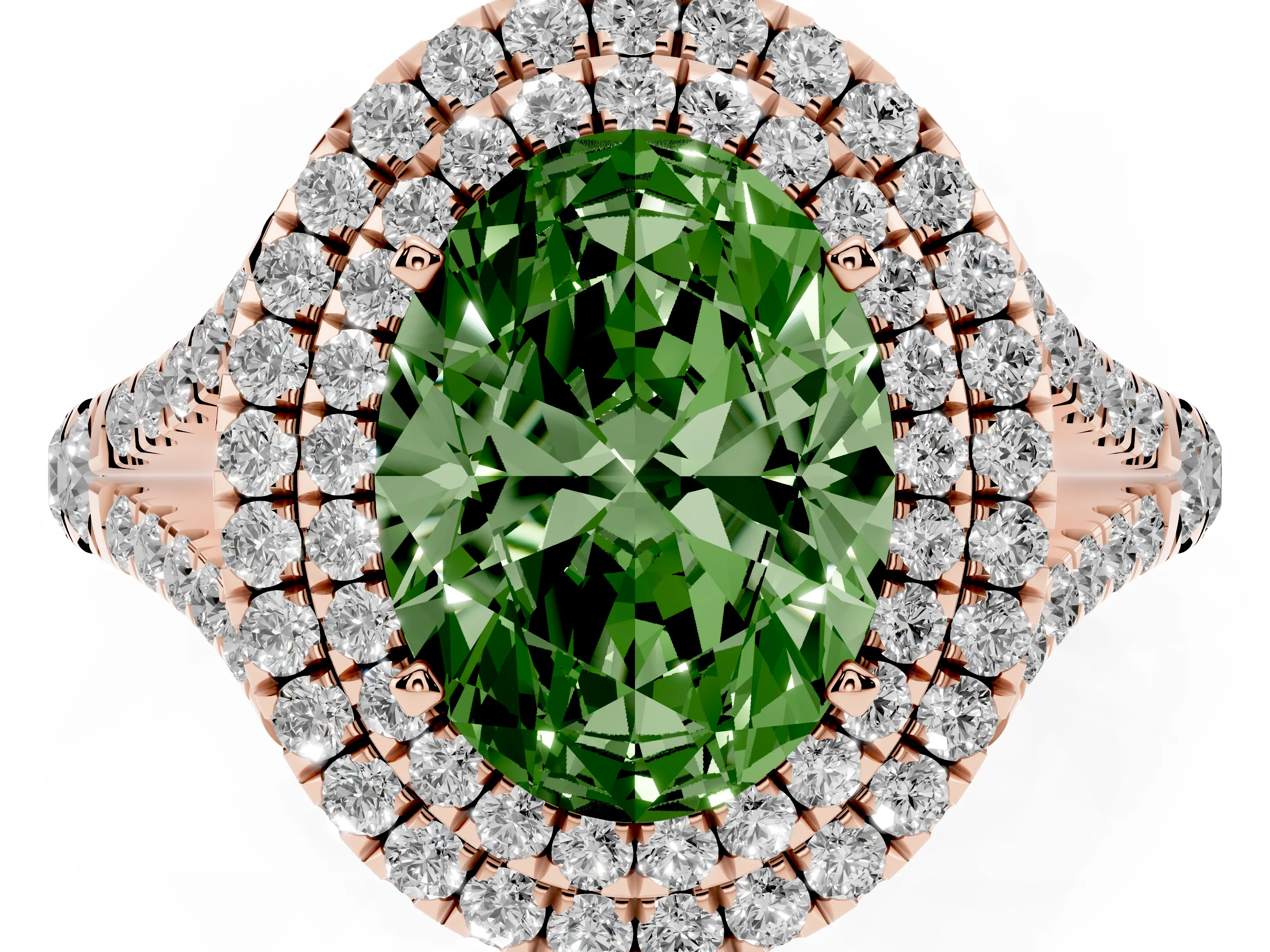 Fancy Green Oval Cut Diamond Pavé Split Shank Double Halo Engagement Ring Set in Rose gold