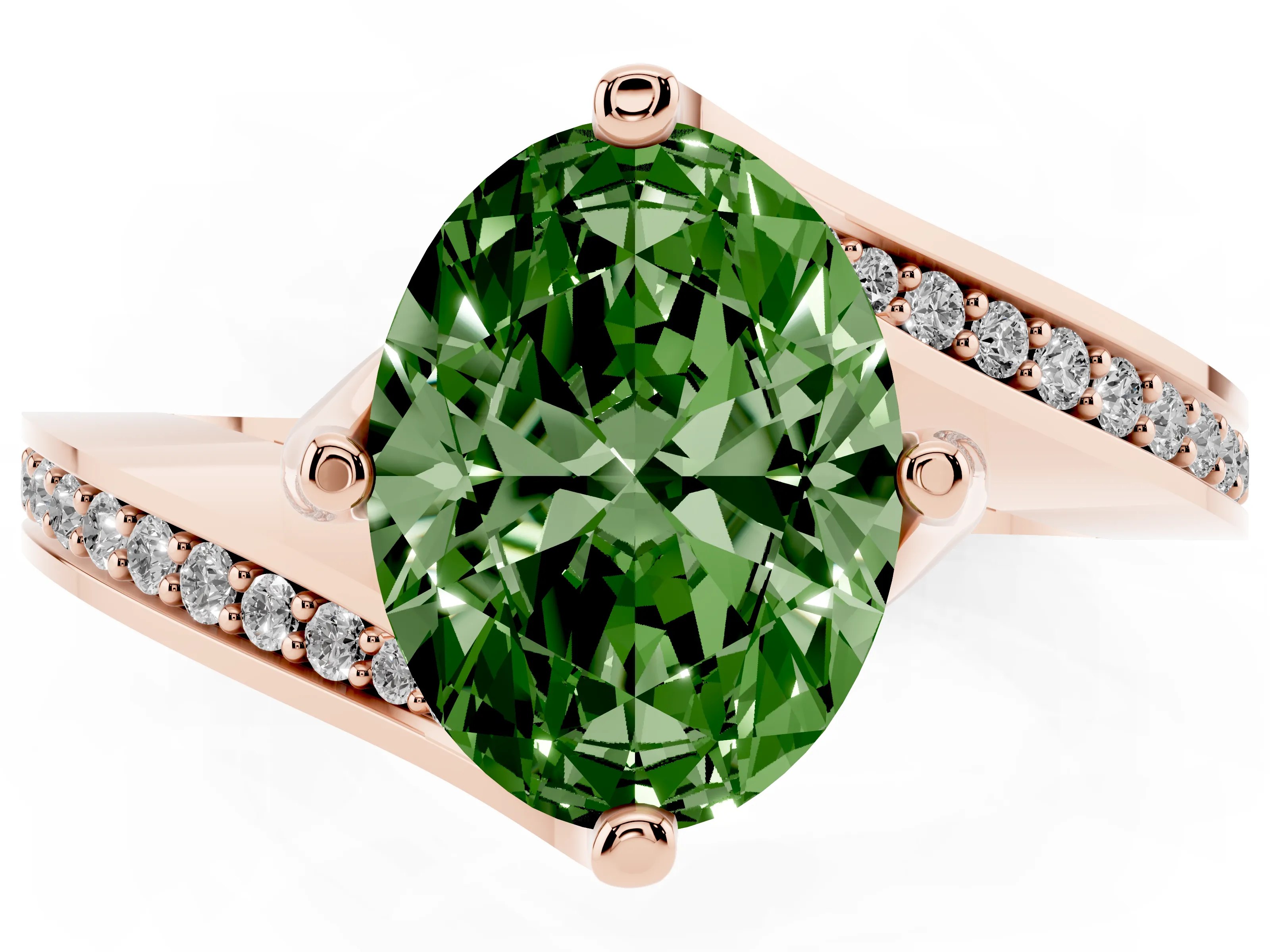 Fancy Green Oval Cut Diamond Solitaire Ring Set in Rose gold with Intertwined Pavé Twist Band