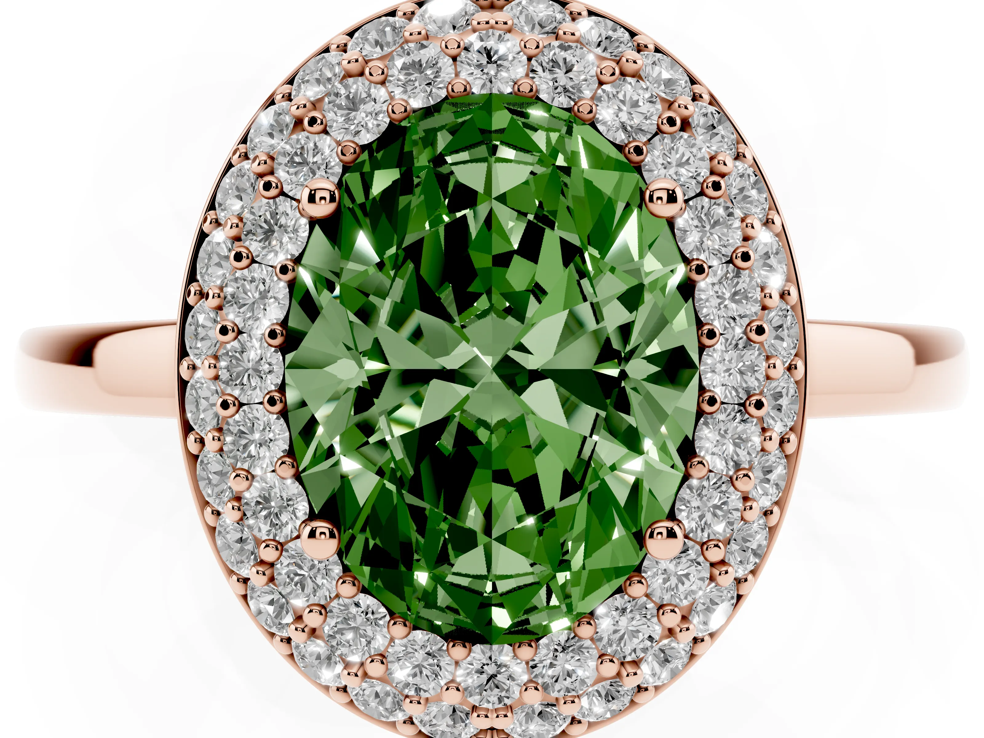 Fancy Green Oval Cut Diamond Halo Engagement Ring Set in Rose gold with Solitaire Band and Prong Setting