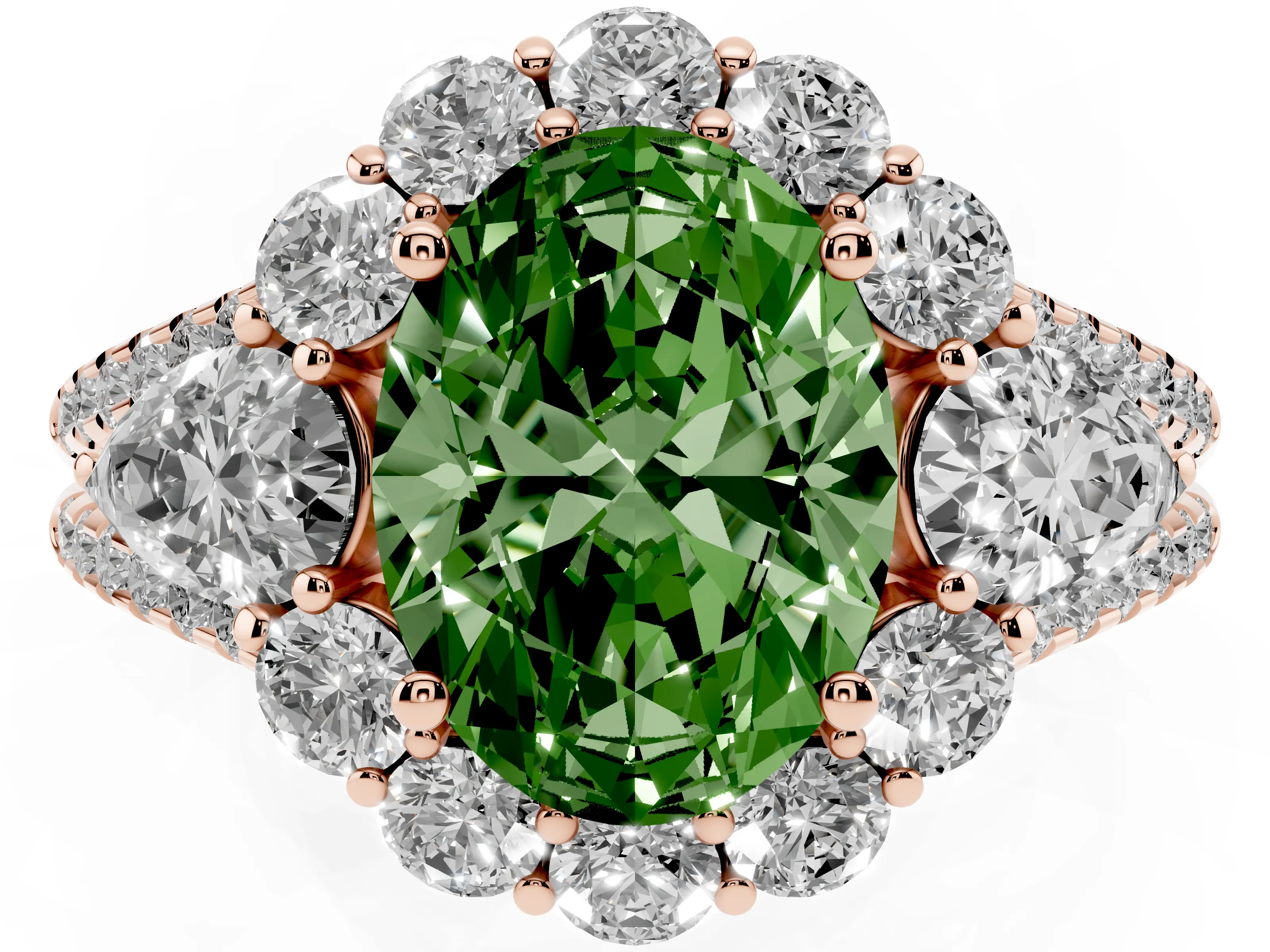 Fancy Green Oval Cut Diamond Halo Split Shank Engagement Ring Set in Rose gold with Prong-Held Center Stone