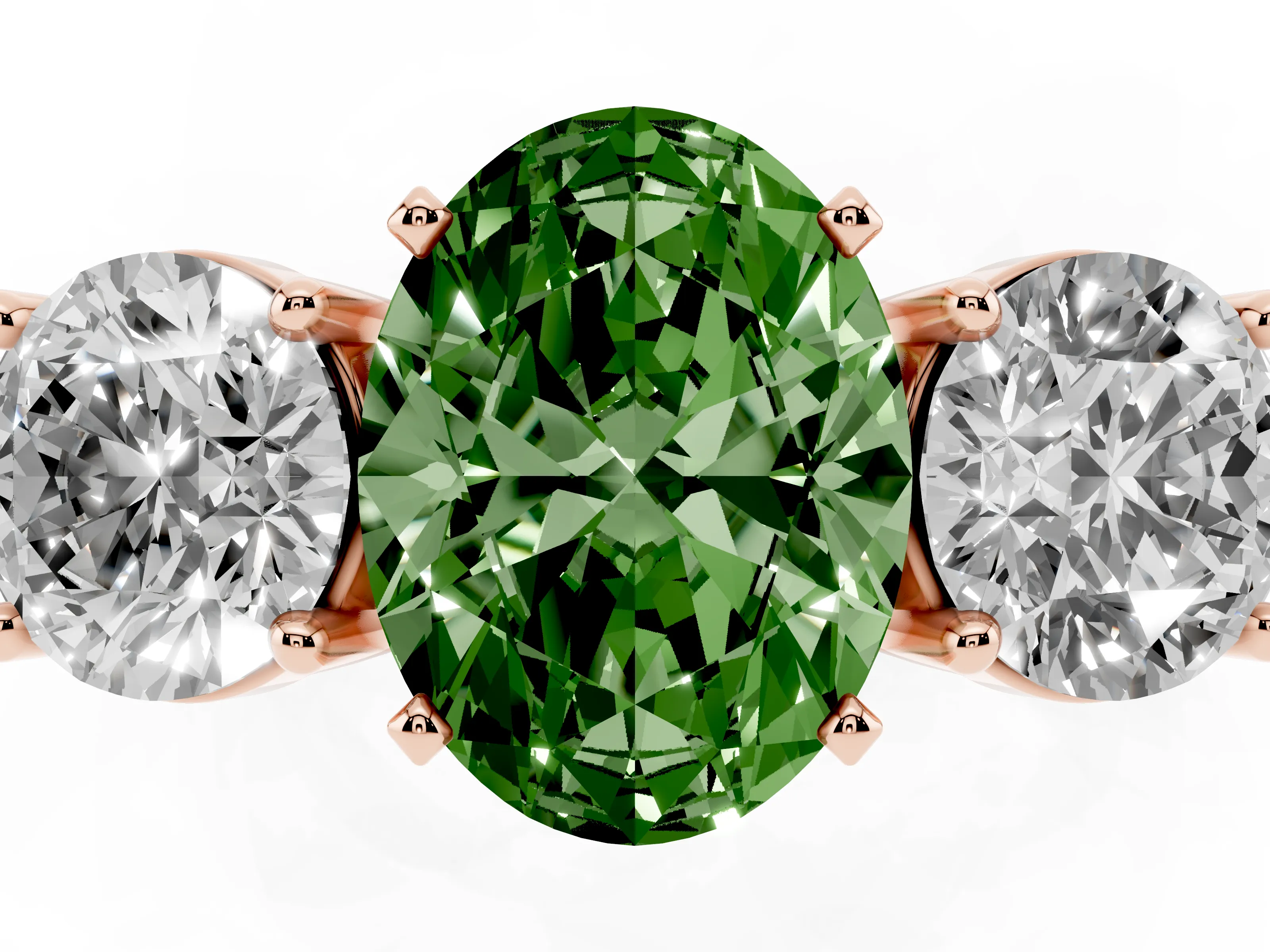 Fancy Green Oval Cut Diamond Three-Stone Ring Set in Rose gold with Round Side Stones and Classic Band