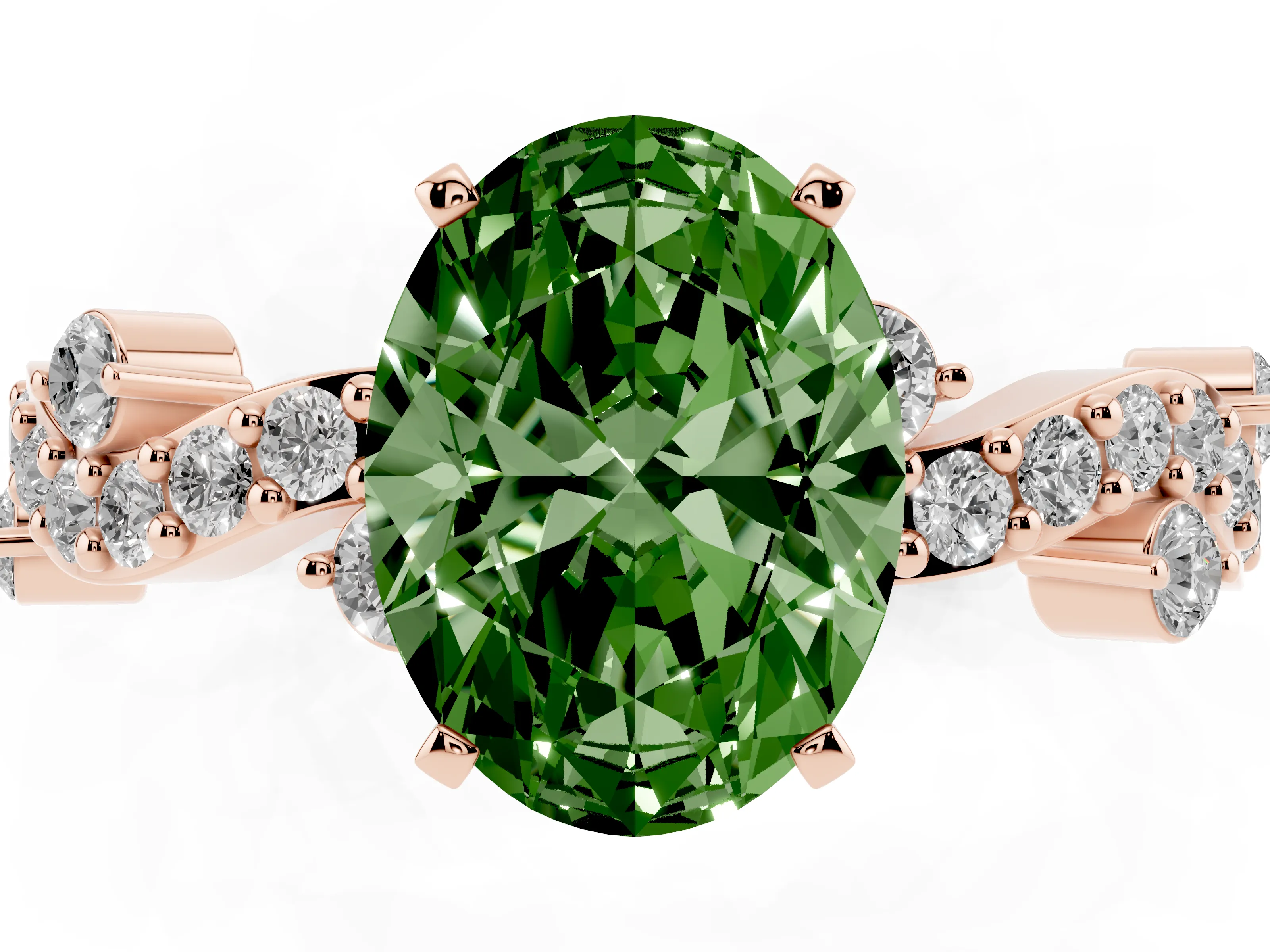 Fancy Green Oval Cut Diamond Solitaire Twisted Band Set in Rose gold with Pavé Setting