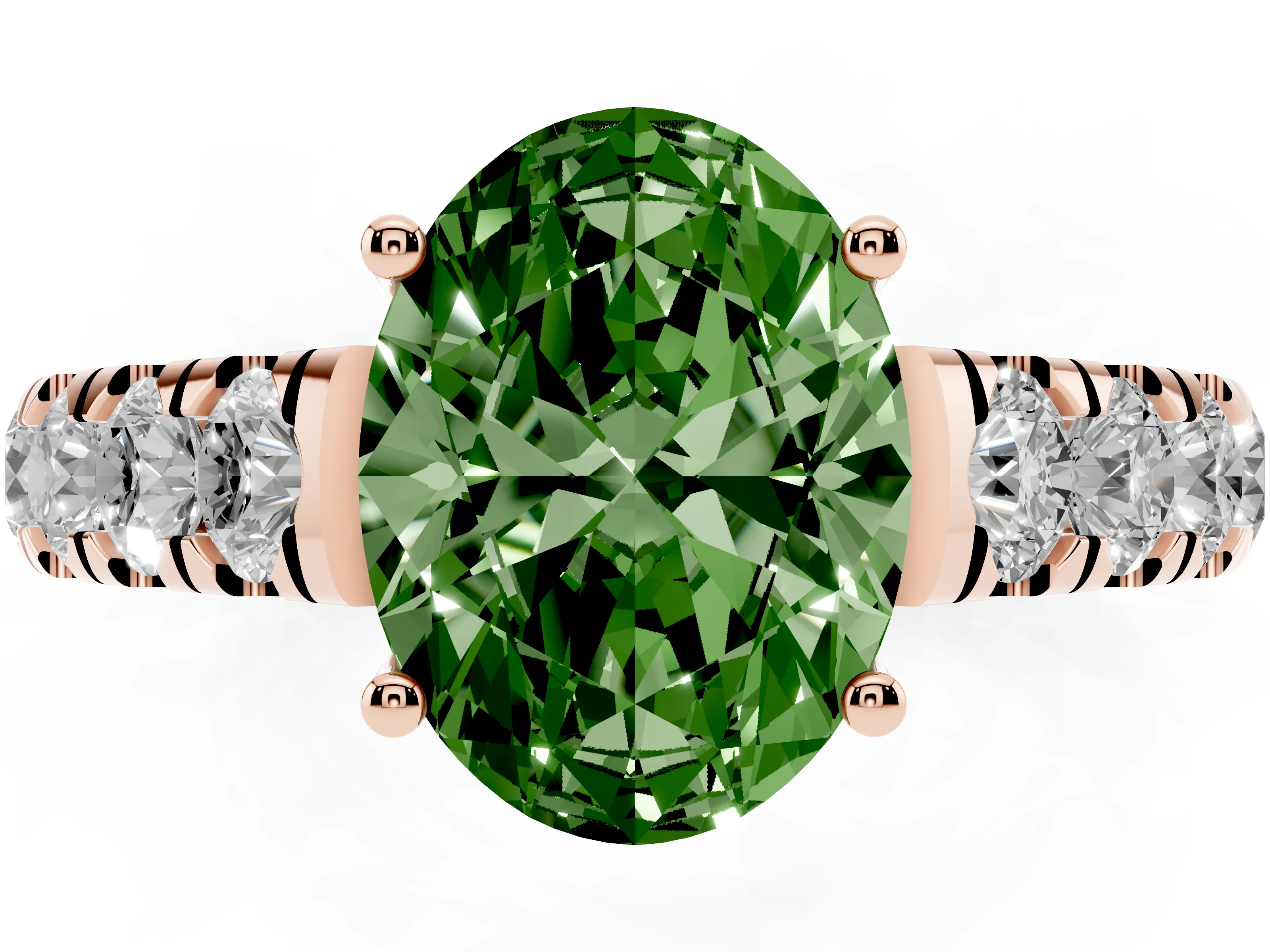 Fancy Green Oval Cut Diamond Solitaire Ring Set in Rose gold with Cut-Down Micro Pavé Band and Prong Setting