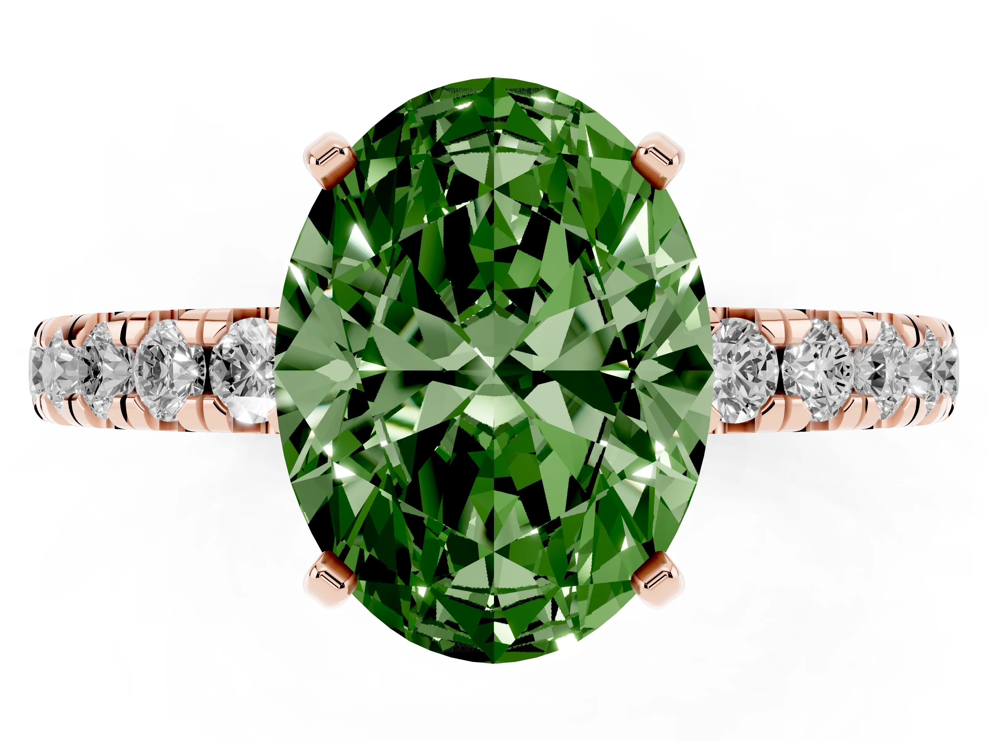 Fancy Green Oval Cut Diamond Pavé Solitaire Ring Set in Rose gold with Round Band and Prong Setting