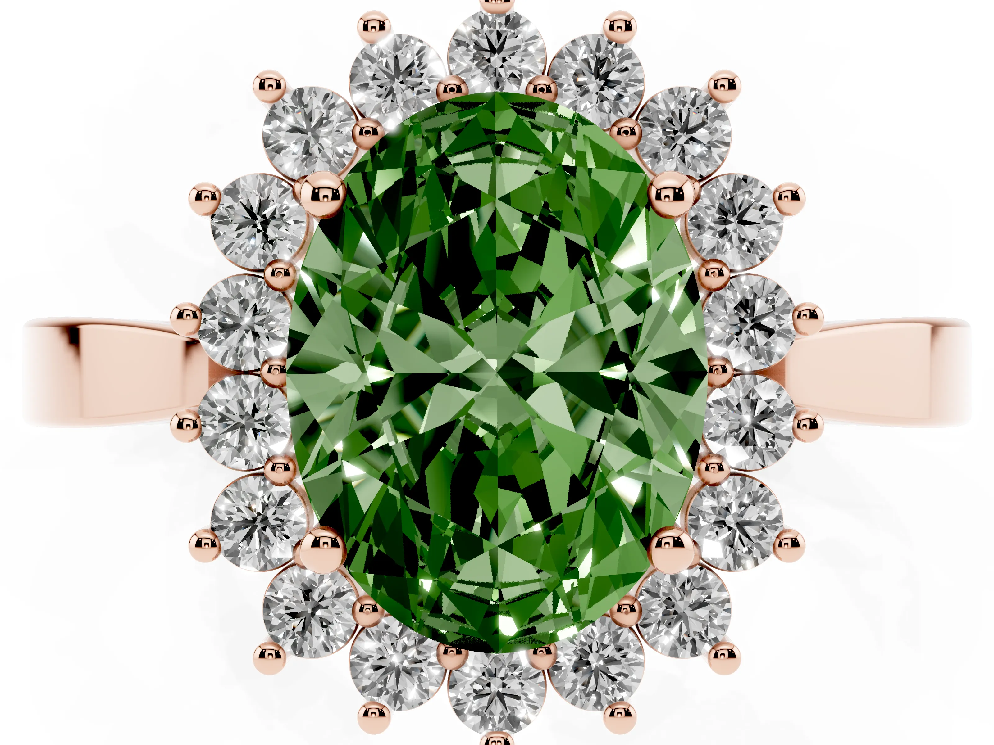 Fancy Green Oval Cut Diamond Halo Ring Set in Rose gold with Round Halo and Smooth Solitaire Band