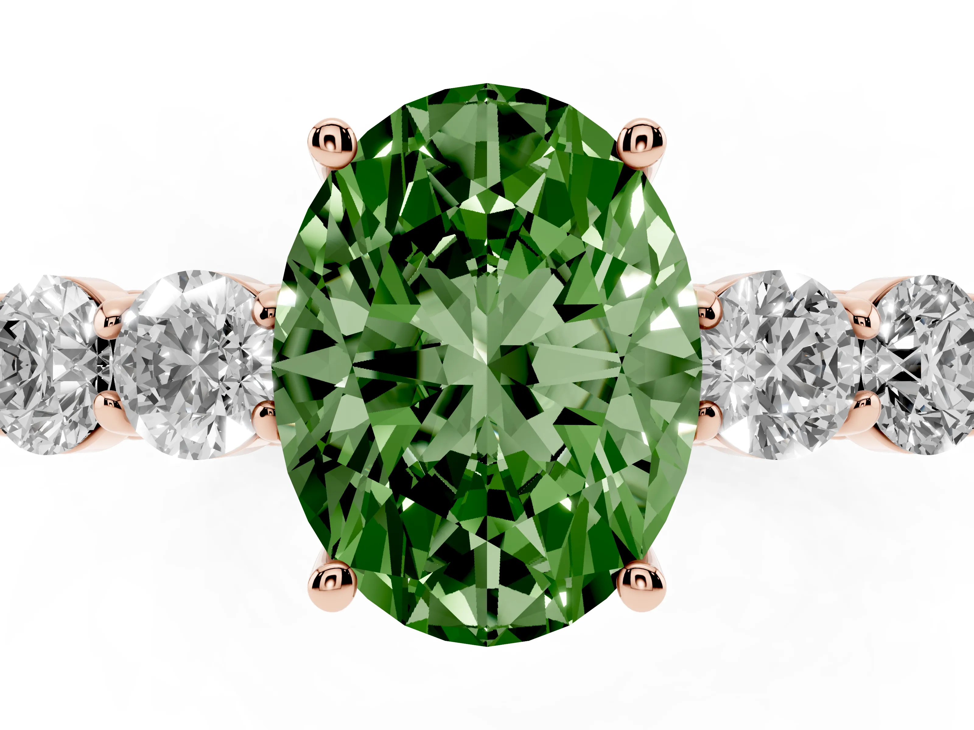 Fancy Green Oval Cut Diamond Five-Stone Prong Set Band Ring Set in Rose gold with Polished Band