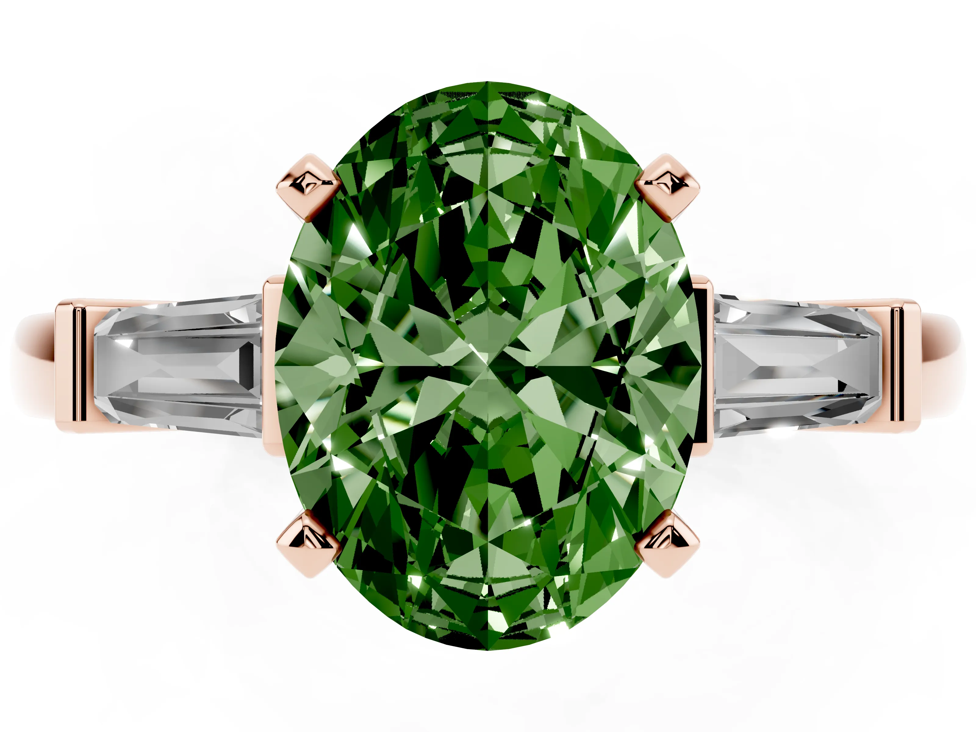 Fancy Green Oval Cut Diamond Solitaire Ring Set in Rose gold with Tapered Baguette Accents and Prong Setting