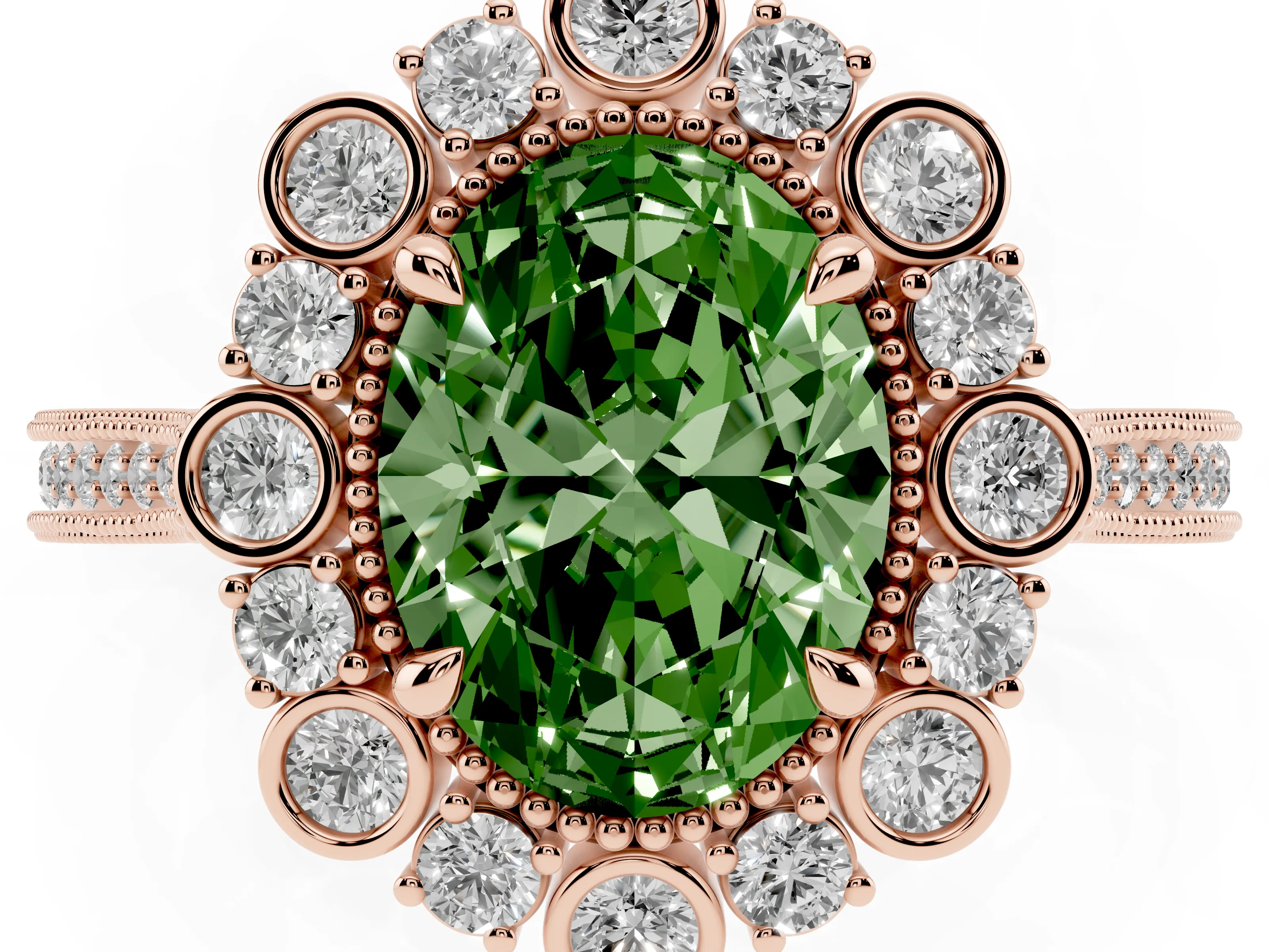 Fancy Green Oval Cut Diamond Halo Milgrain Pavé Ring Set in Rose gold with Prong Setting