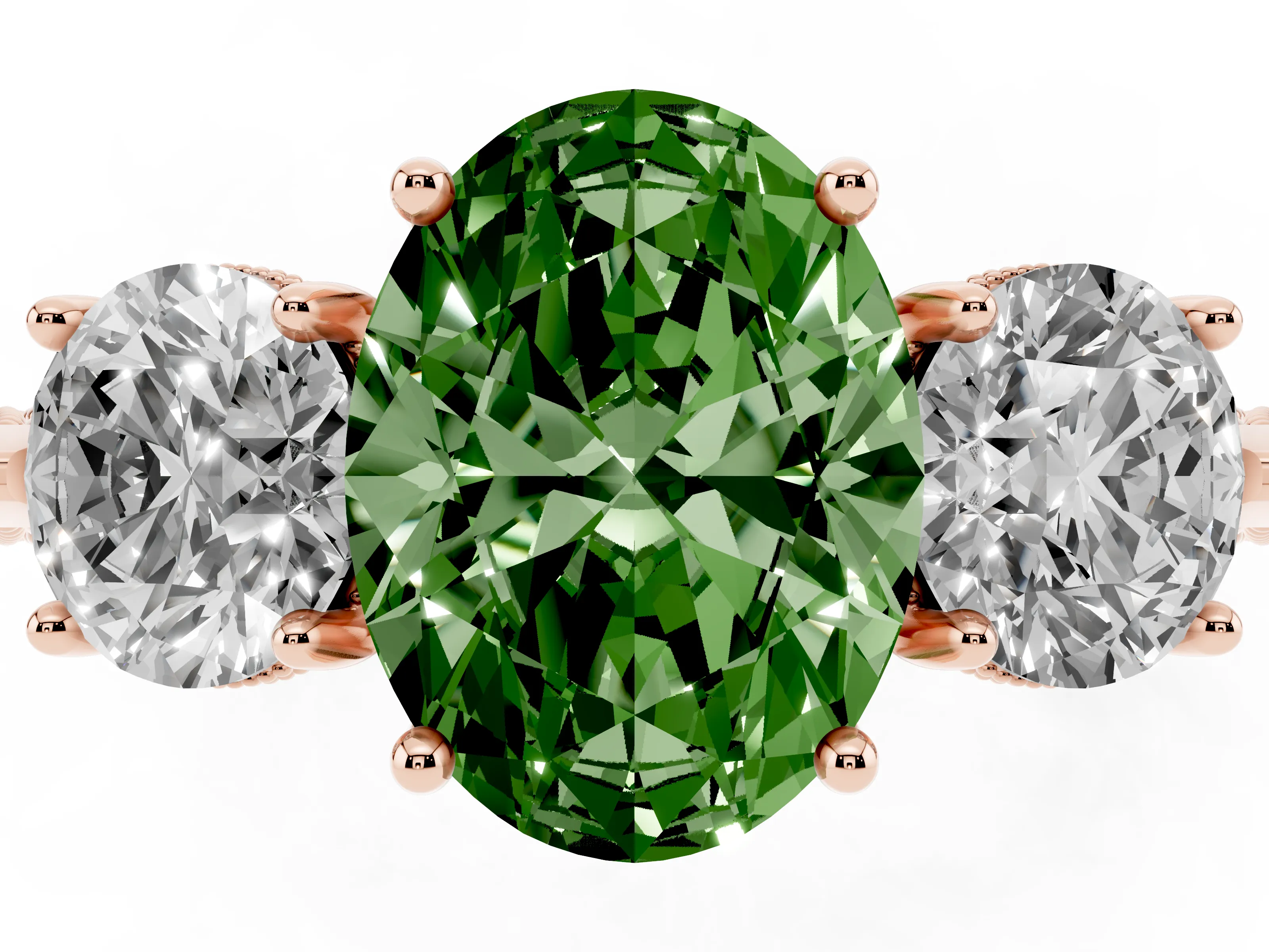 Fancy Green Oval Cut Diamond Three-Stone Ring Set in Rose gold with Milgrain Band