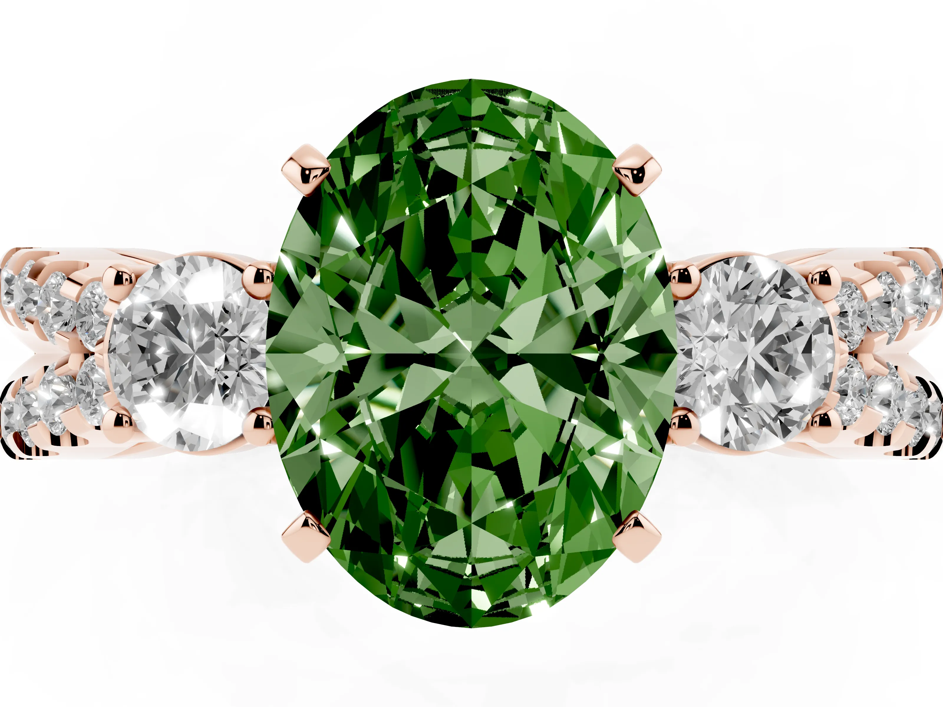 Fancy Green Oval Cut Diamond Three-Stone Ring Set in Rose gold with Pavé Split Shank and Prong Setting