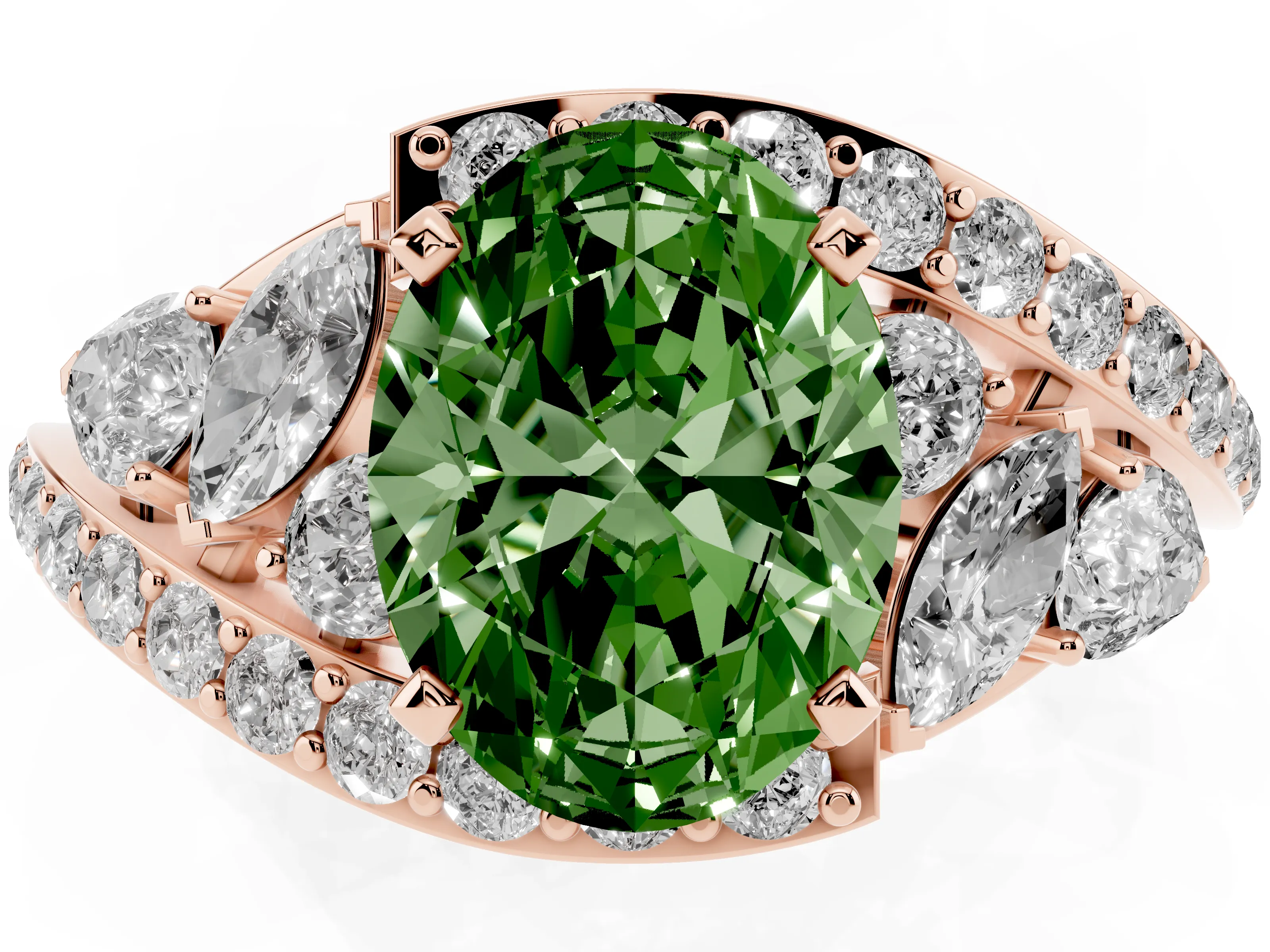 Fancy Green Oval Cut Diamond Halo Ring Set in Rose gold with Marquise and Pavé Band in Prong Setting