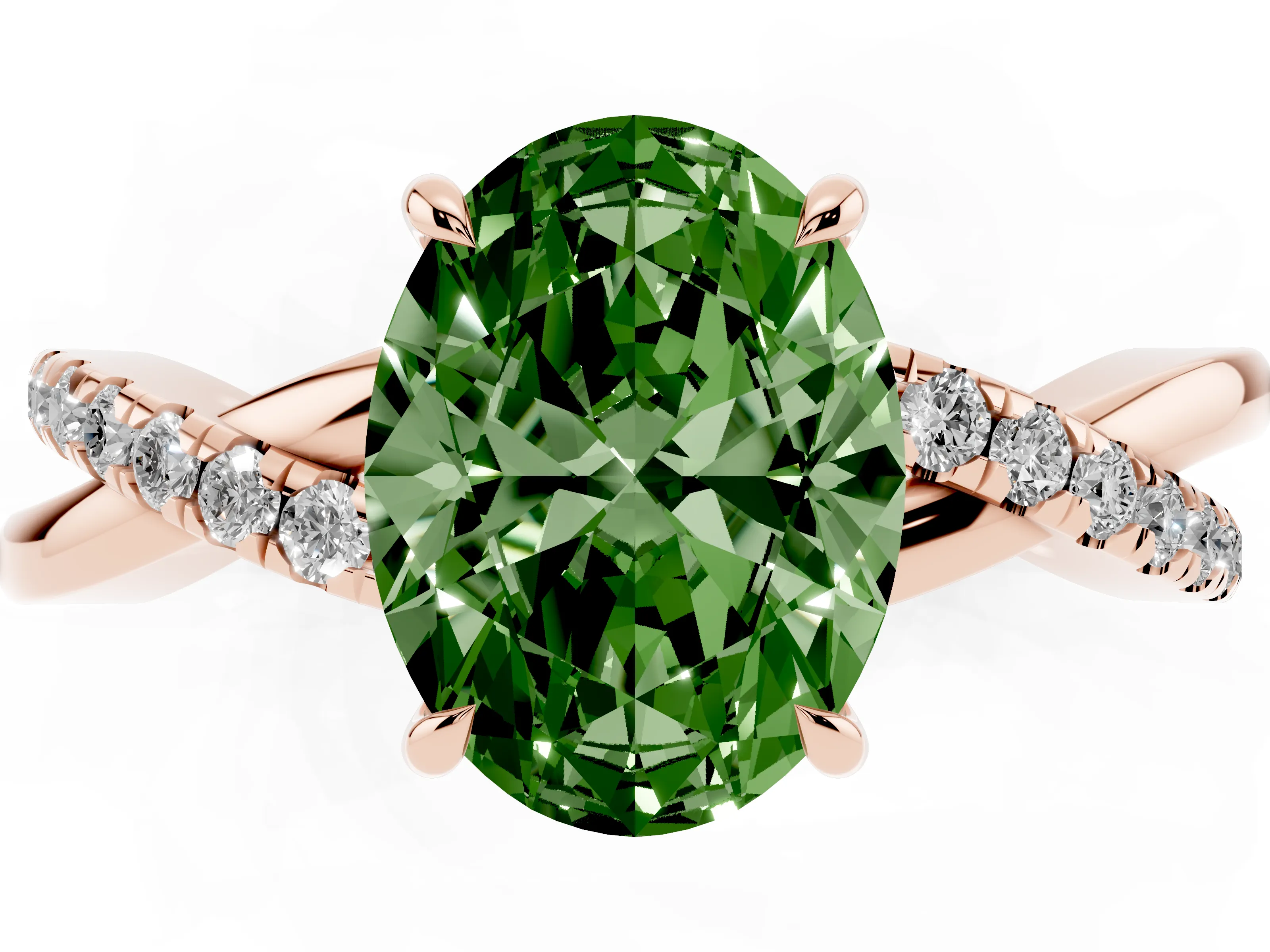 Fancy Green Oval Cut Diamond Twisted Pavé Band Ring Set in Rose gold with Prong Setting