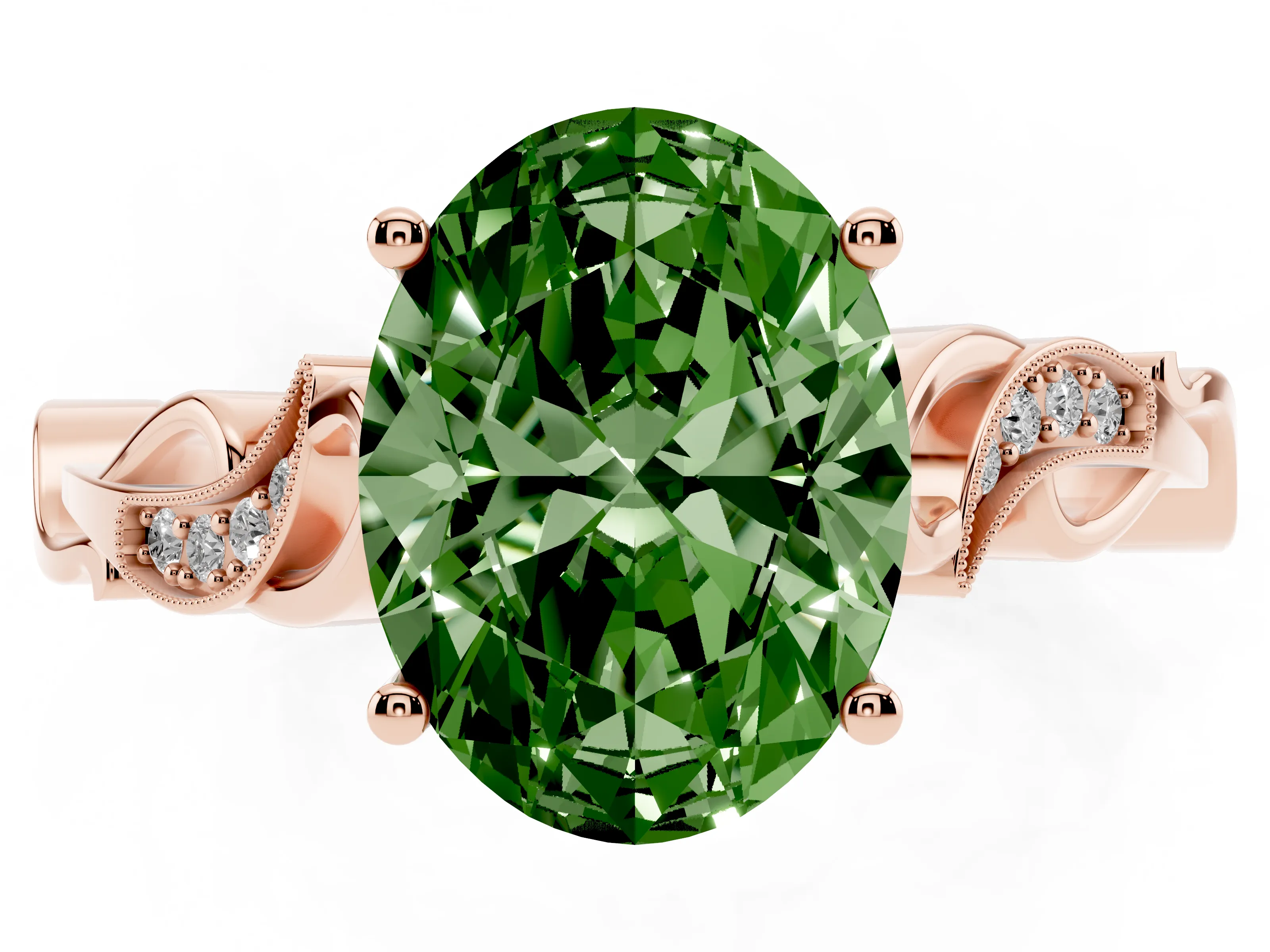 Fancy Green Oval Cut Diamond Vine Band Solitaire Ring Set in Rose gold with Milgrain Prong Setting