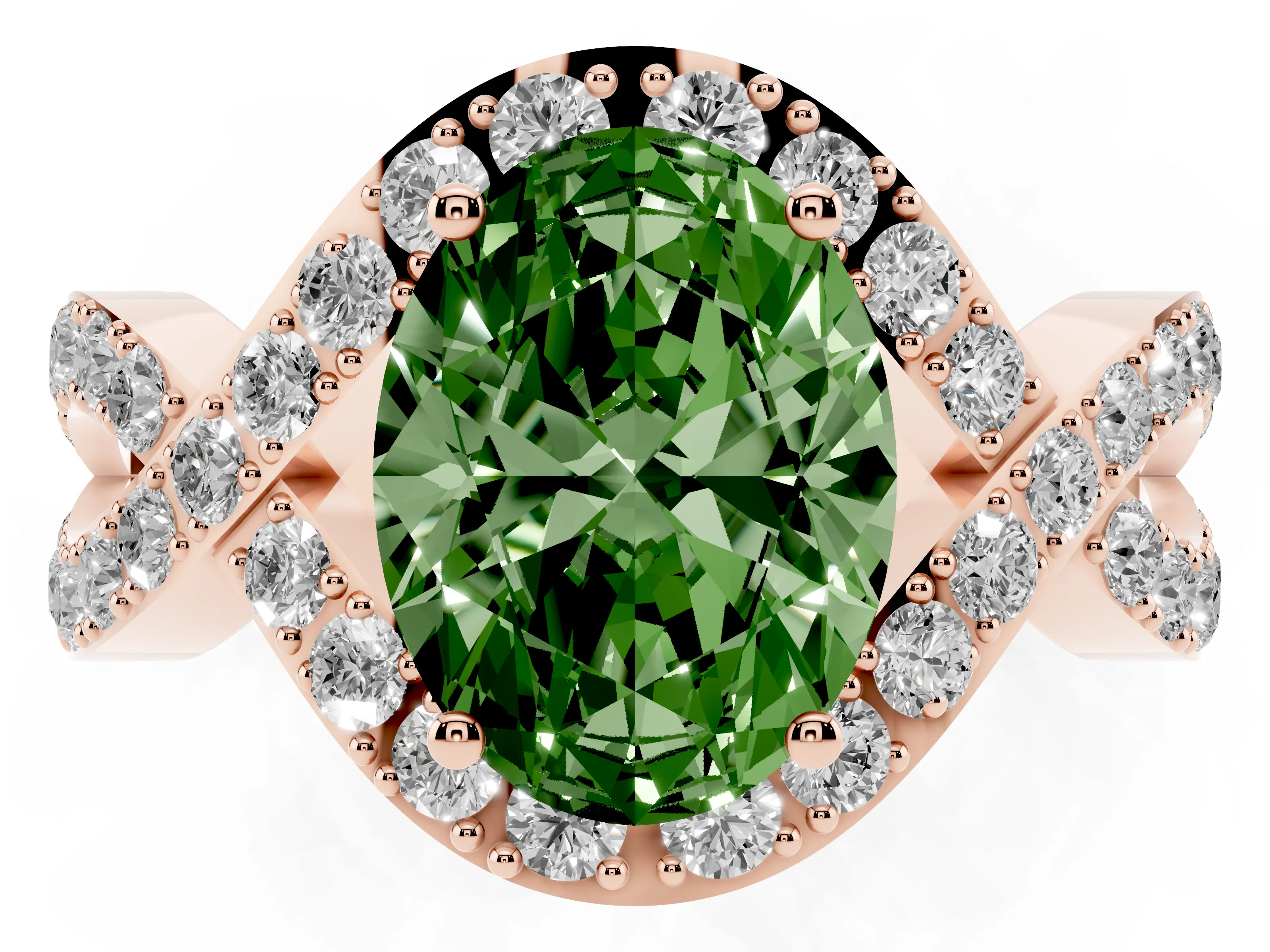 Fancy Green Oval Cut Diamond Solitaire Twist Band Pavé Engagement Ring Set in Rose gold