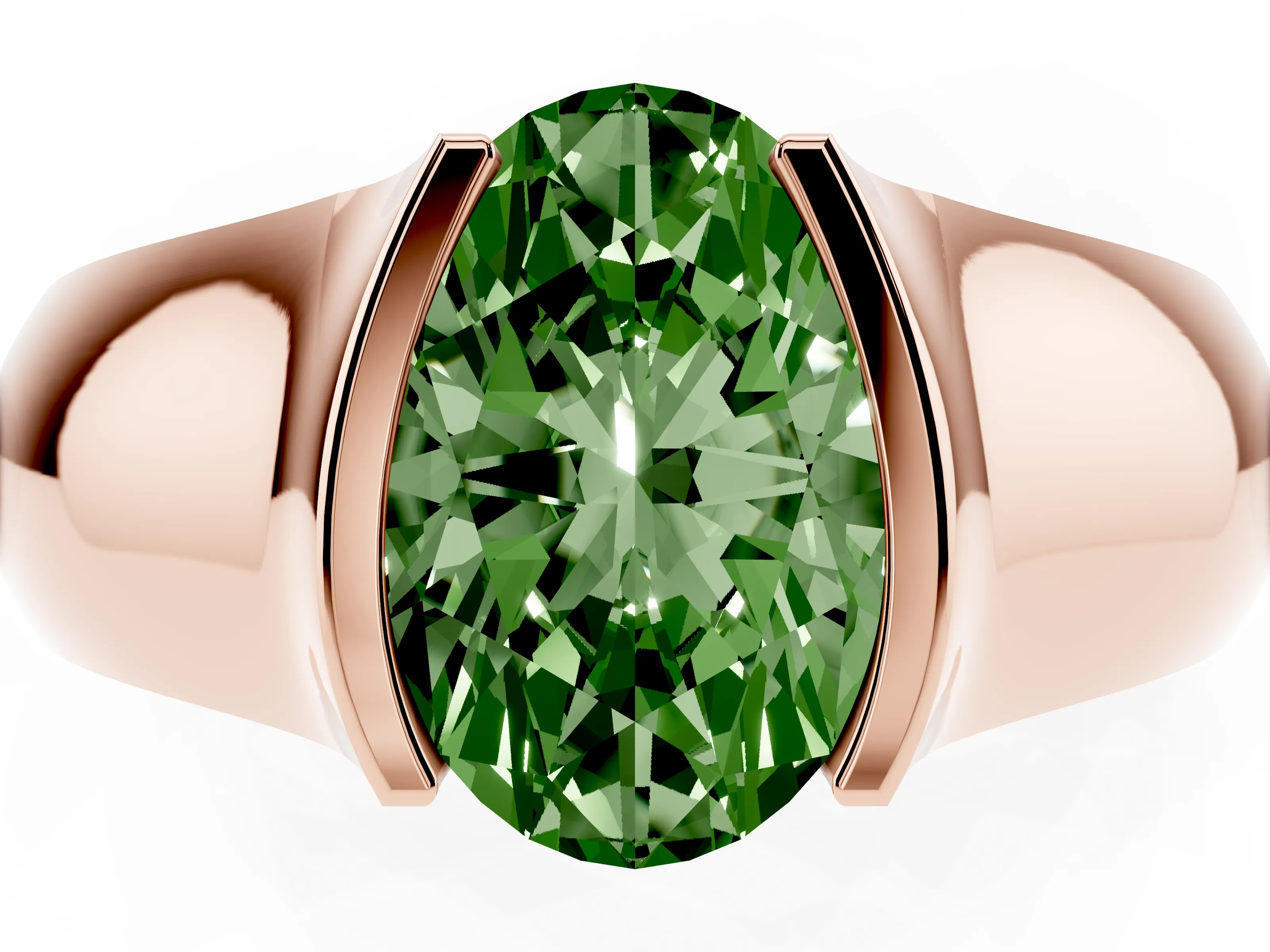 Fancy Green Oval Cut Diamond Bezel Solitaire Ring Set in Rose gold with Wide Band