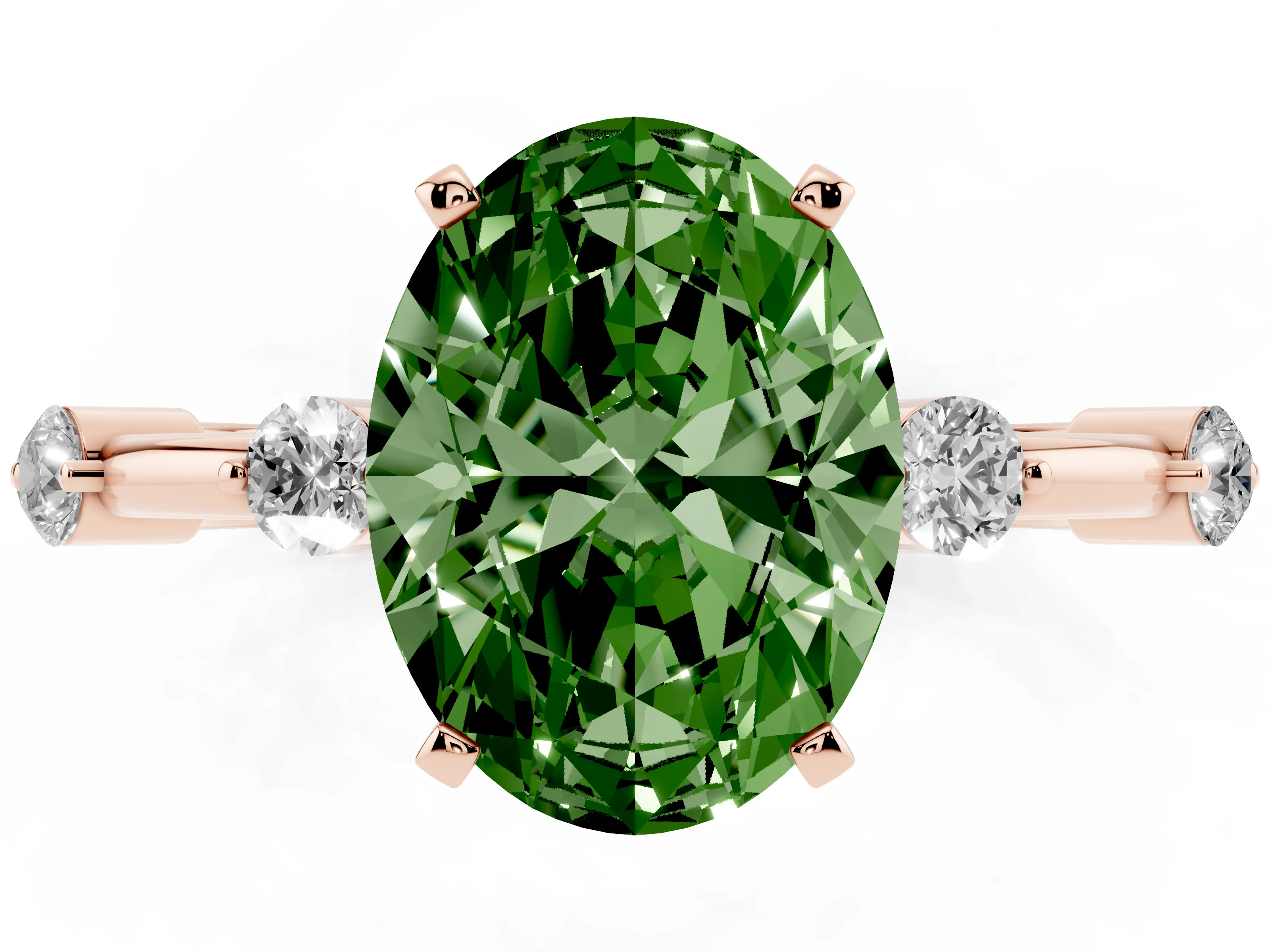Fancy Green Oval Cut Diamond Solitaire Ring Set in Rose gold with Bezel Set Side Stones and Prong Setting