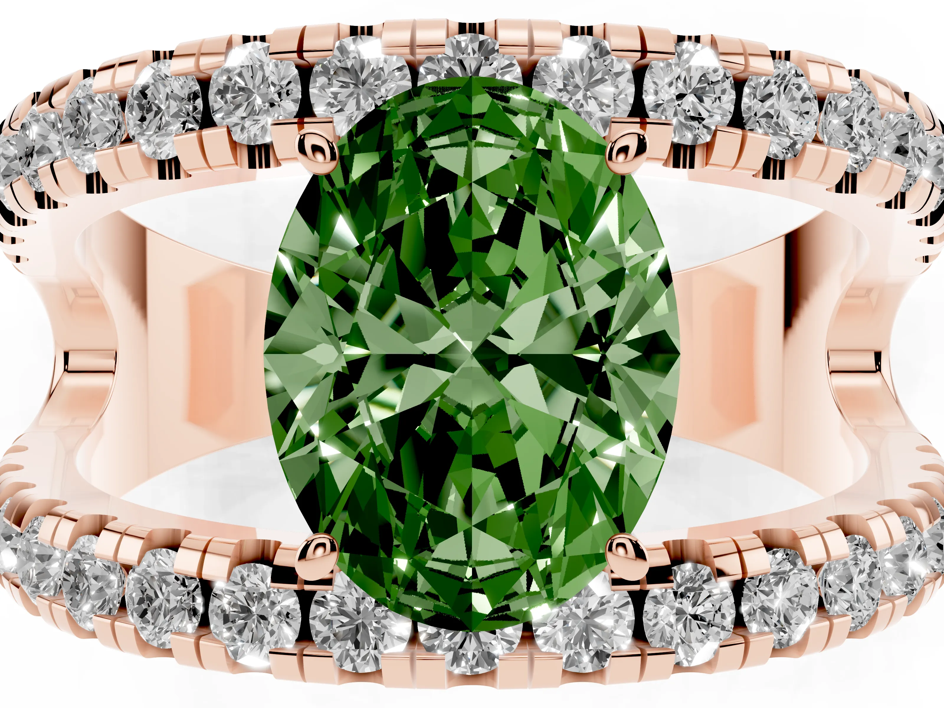 Fancy Green Oval Cut Diamond Split Shank Pavé Solitaire Ring Set in Rose gold with Open Shank Design