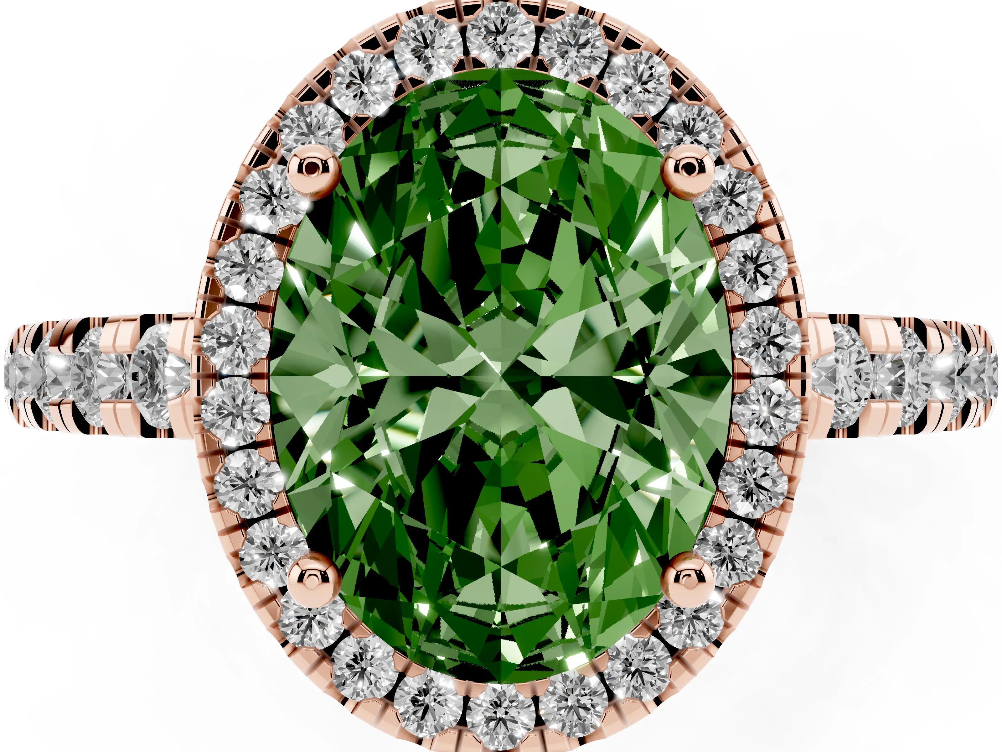 Fancy Green Oval Cut Diamond Halo Ring Set in Rose gold with Delicate Pavé Band and Prong Setting