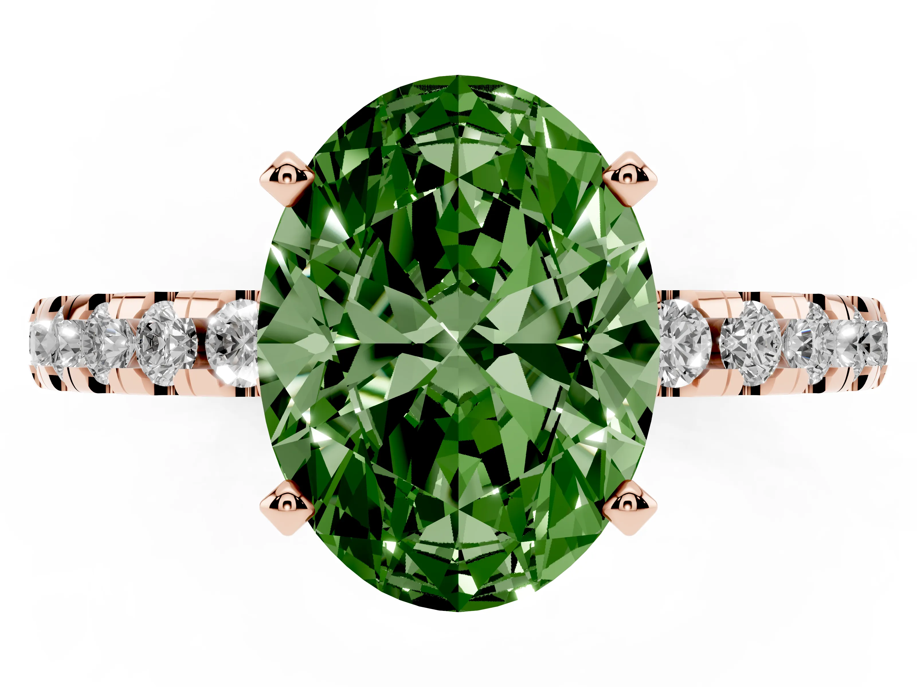 Fancy Green Oval Cut Diamond Pavé Solitaire Ring Set in Rose gold with Round Band Accents and Prong Setting