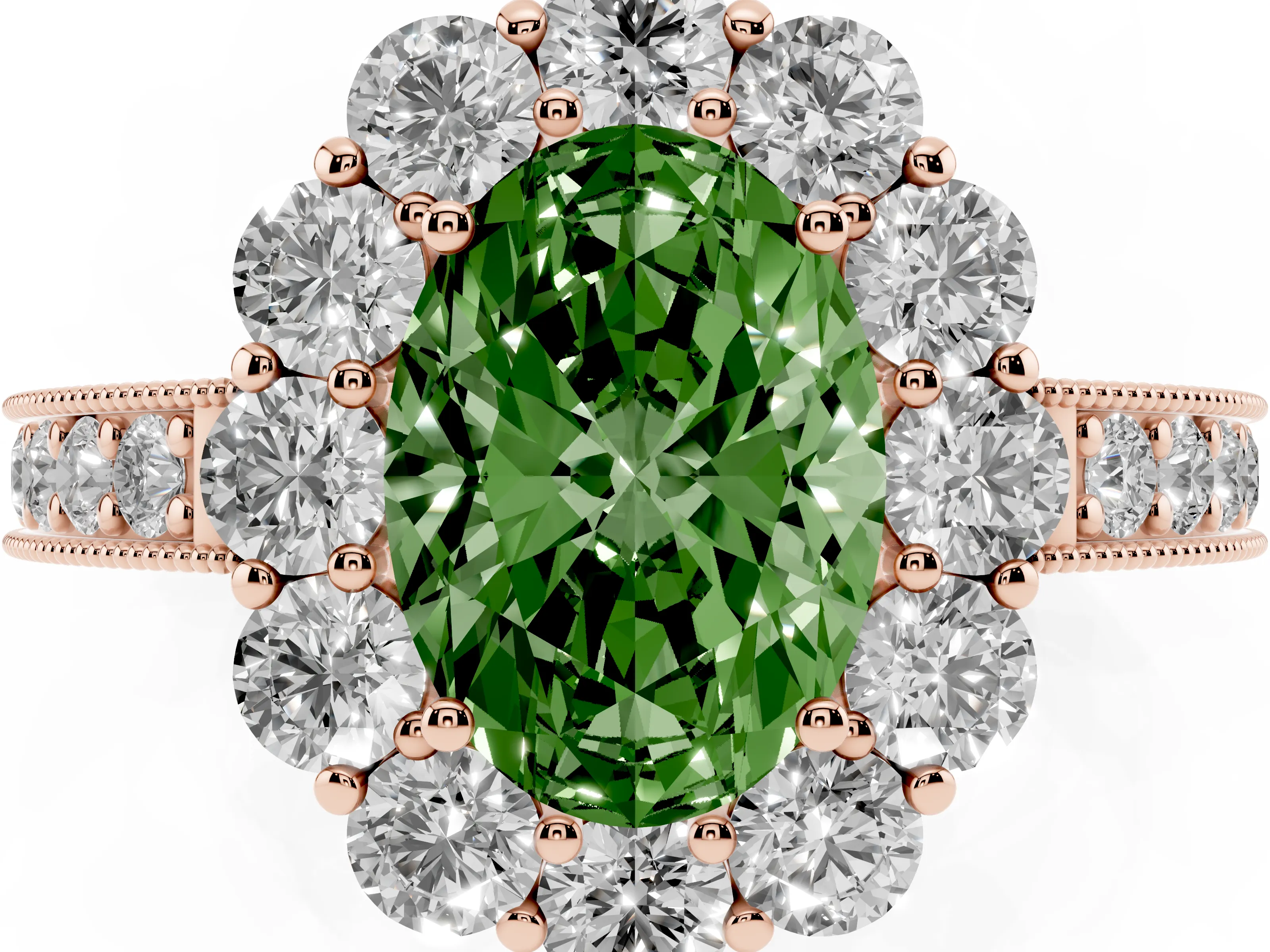 Fancy Green Oval Cut Diamond Halo Pavé Engagement Ring Set in Rose gold with Milgrain Detailing