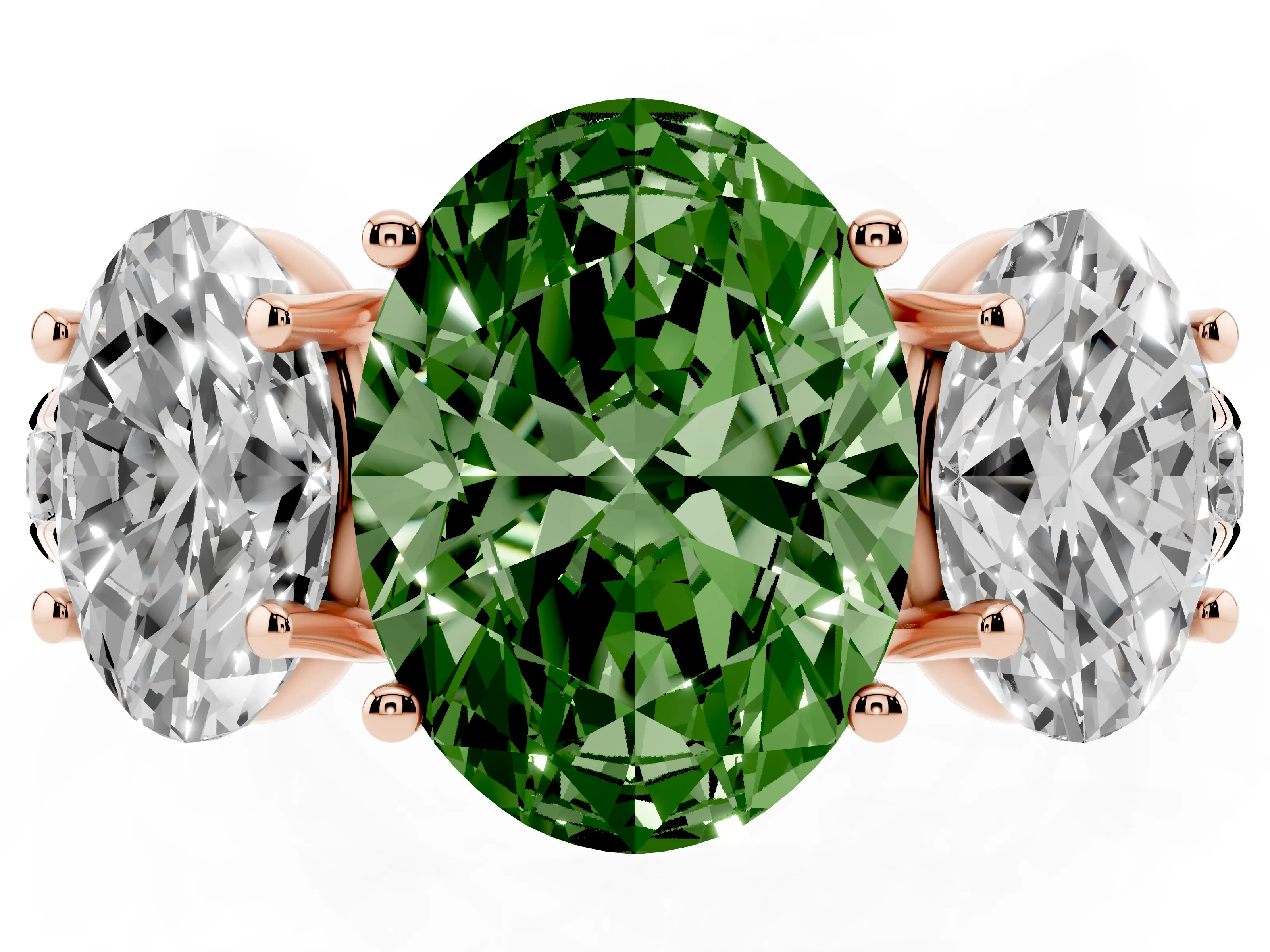 Fancy Green Oval Cut Diamond Three-Stone Ring Set in Rose gold with Pavé Band