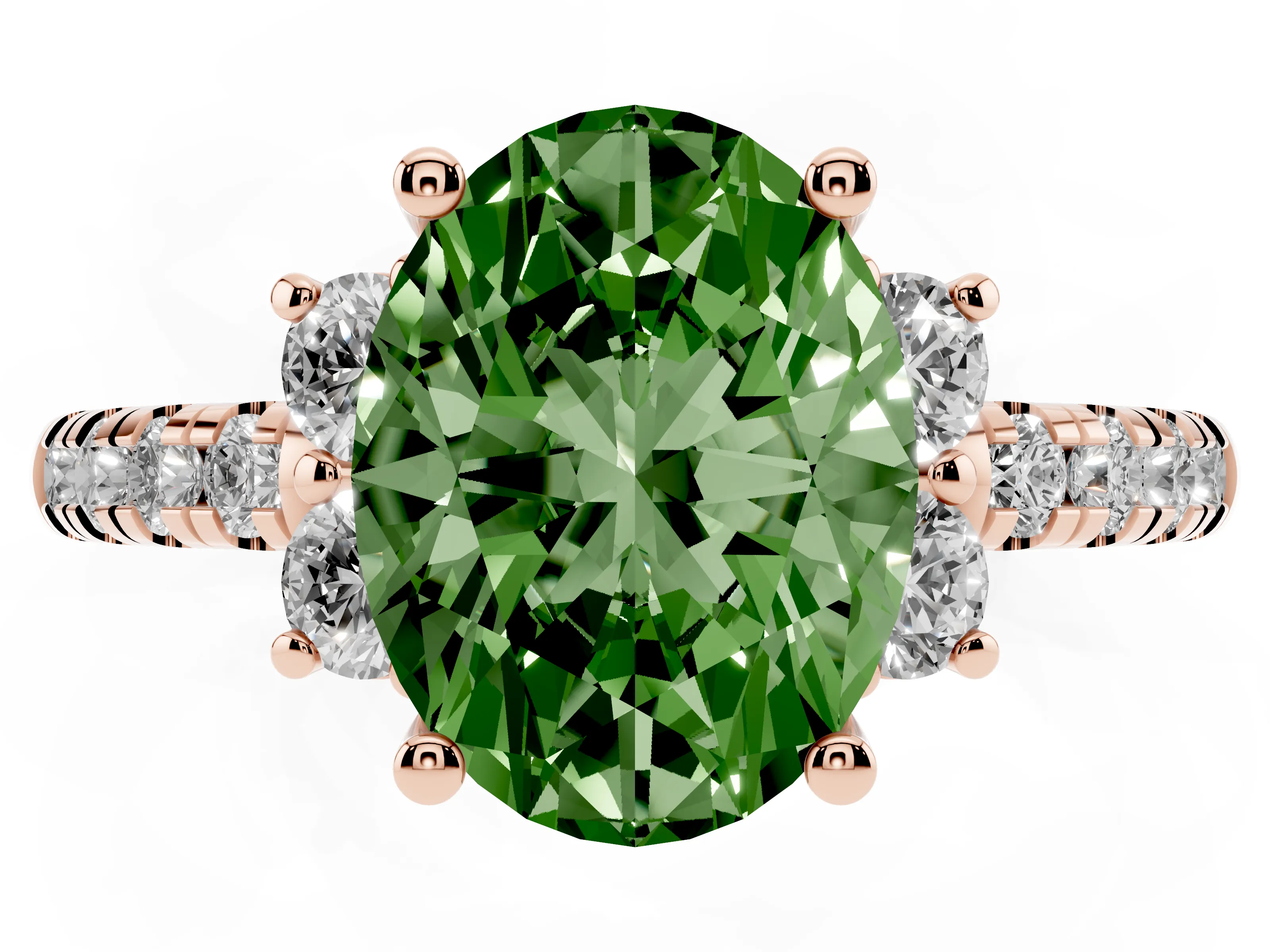 Fancy Green Oval Cut Diamond Three-Stone Pavé Ring Set in Rose gold with Prong Setting