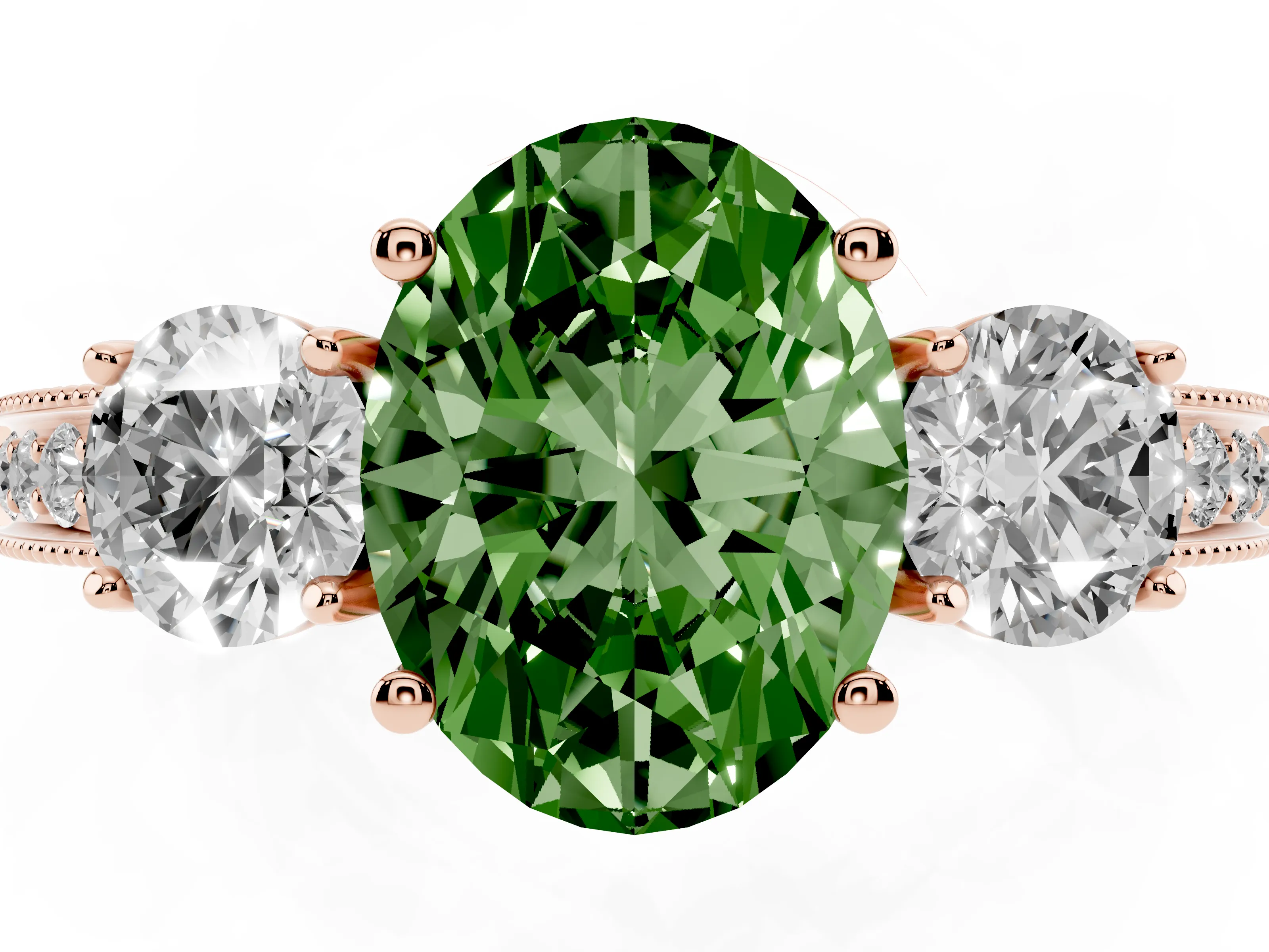 Fancy Green Oval Cut Diamond Three-Stone Ring Set in Rose gold with Round Side Stones and Pavé Band