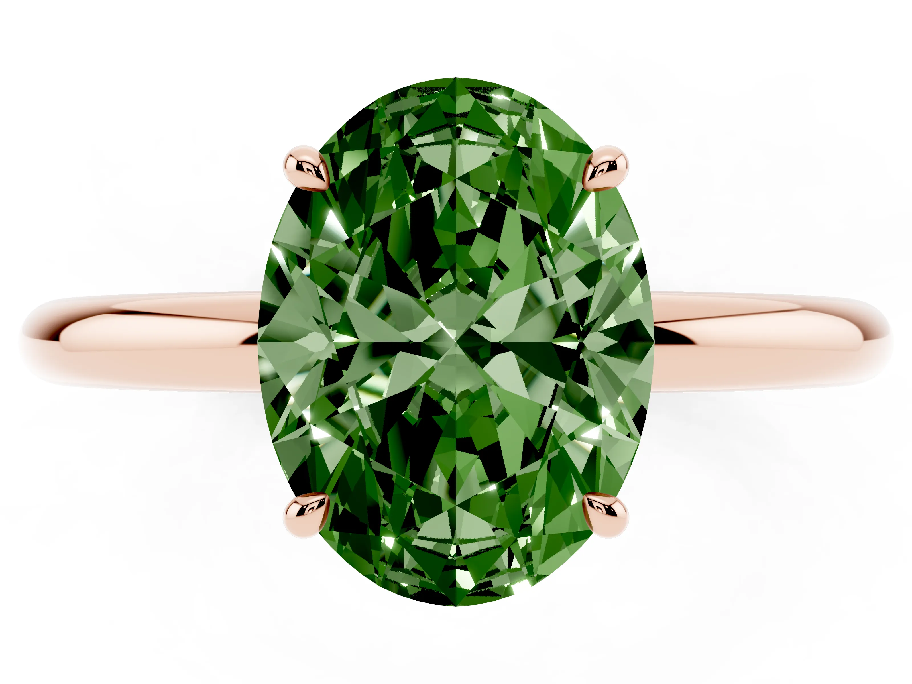 Fancy Green Oval Cut Diamond Solitaire Ring Set in Rose gold with Thin Band and Prong Setting